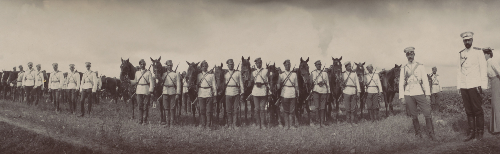 Unidentified photographer. Grand Dukes Michael Alexandrovich amd Alexander Mikhailovich with Grand Duchess Olga Alexandrovna, Maneuvers, Peterhof