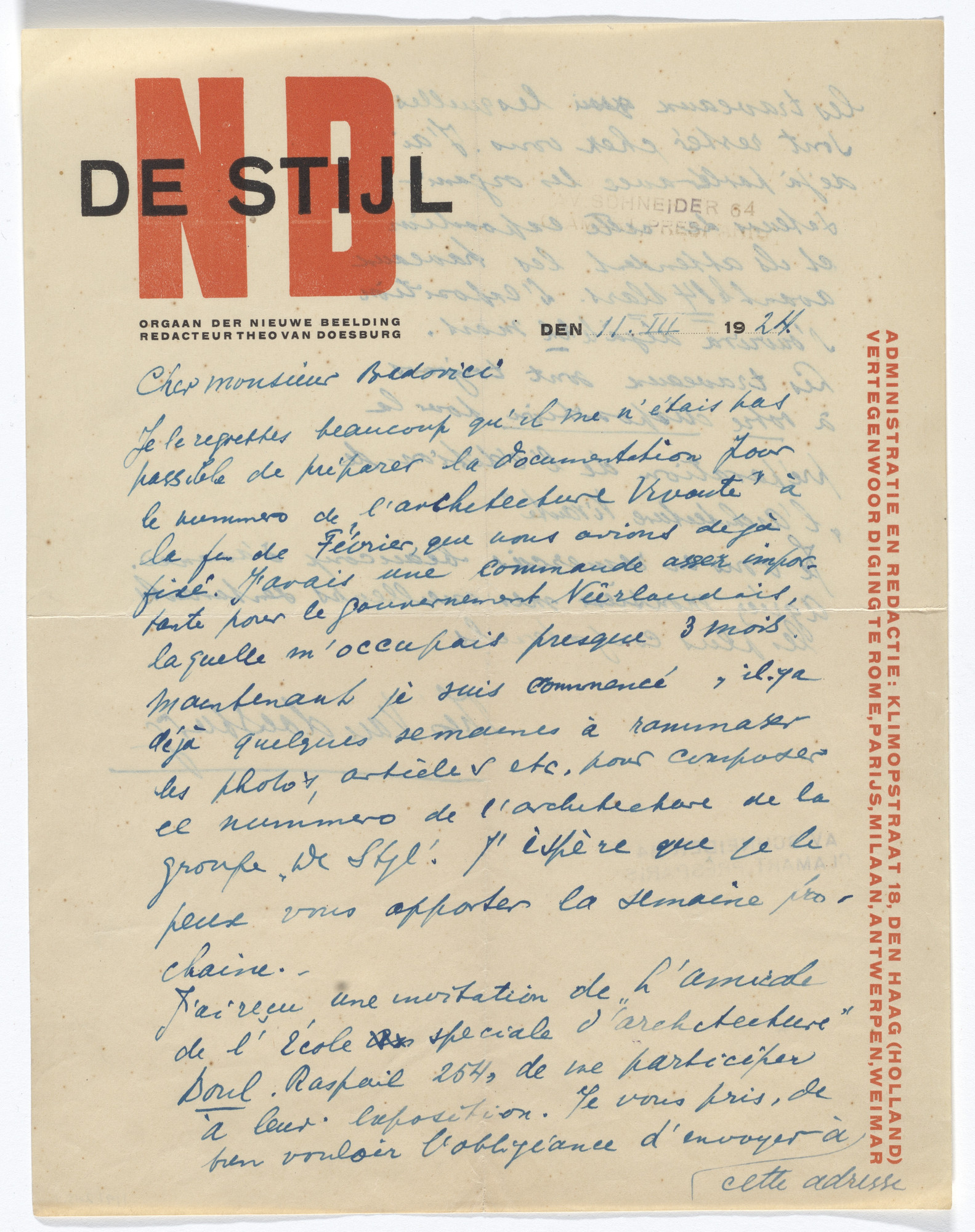Theo van Doesburg. De Stijl NB letterhead (Letter to Jean Badovici from van Doesburg)
