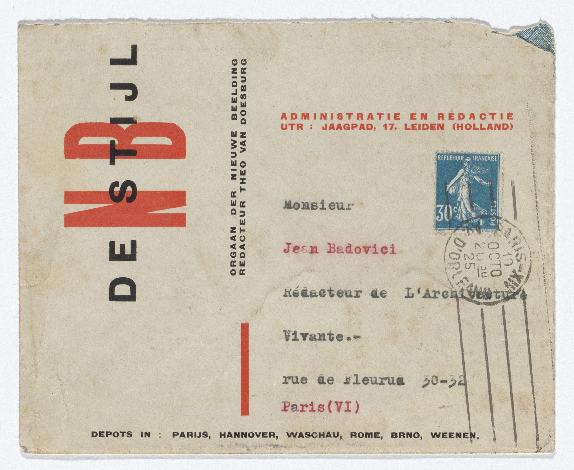 Theo van Doesburg. De Stijl NB stationery envelope (Addressed to Jean Badovici)