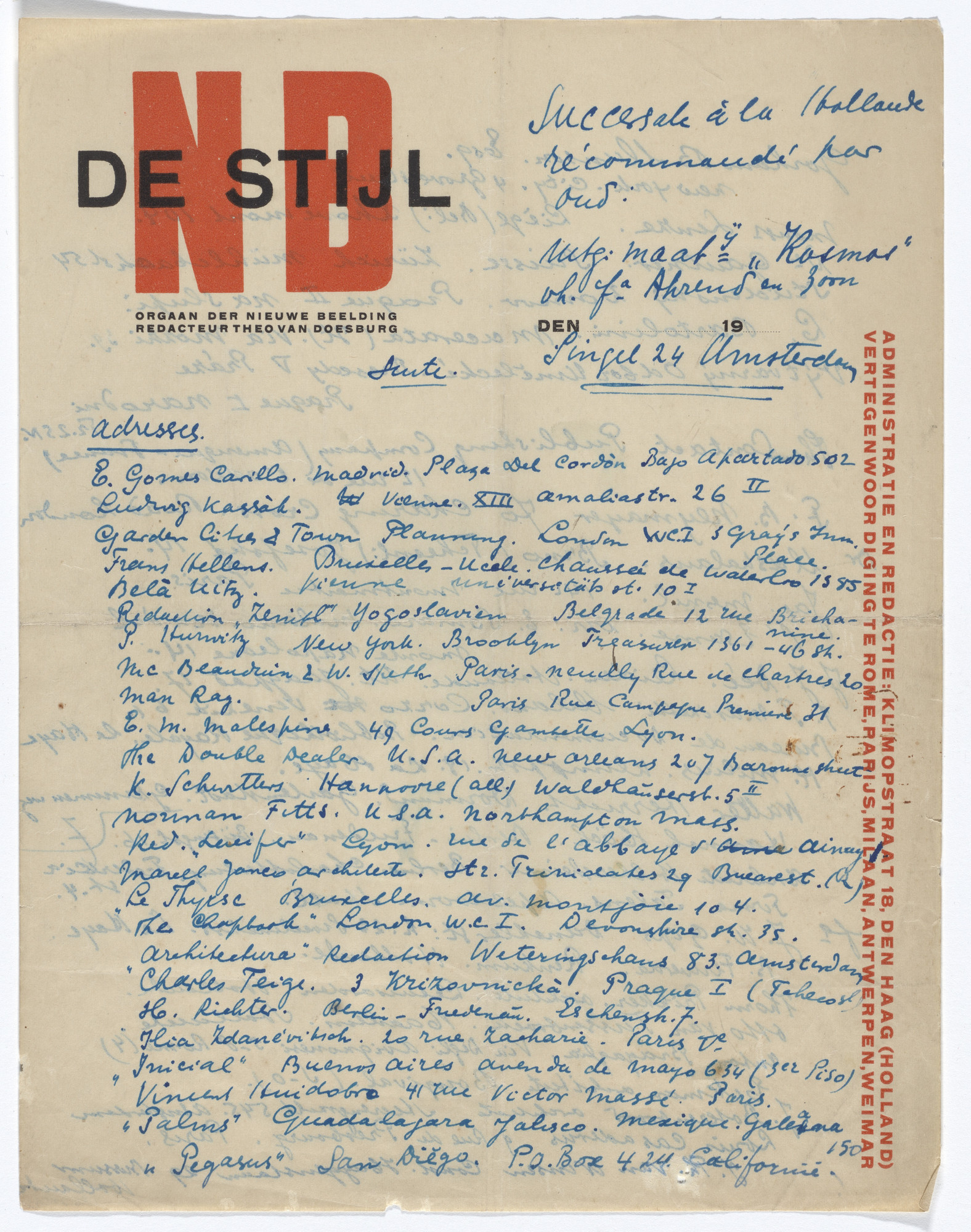 Theo van Doesburg. De Stijl NB letterhead (Handwritten list of names and addresses)