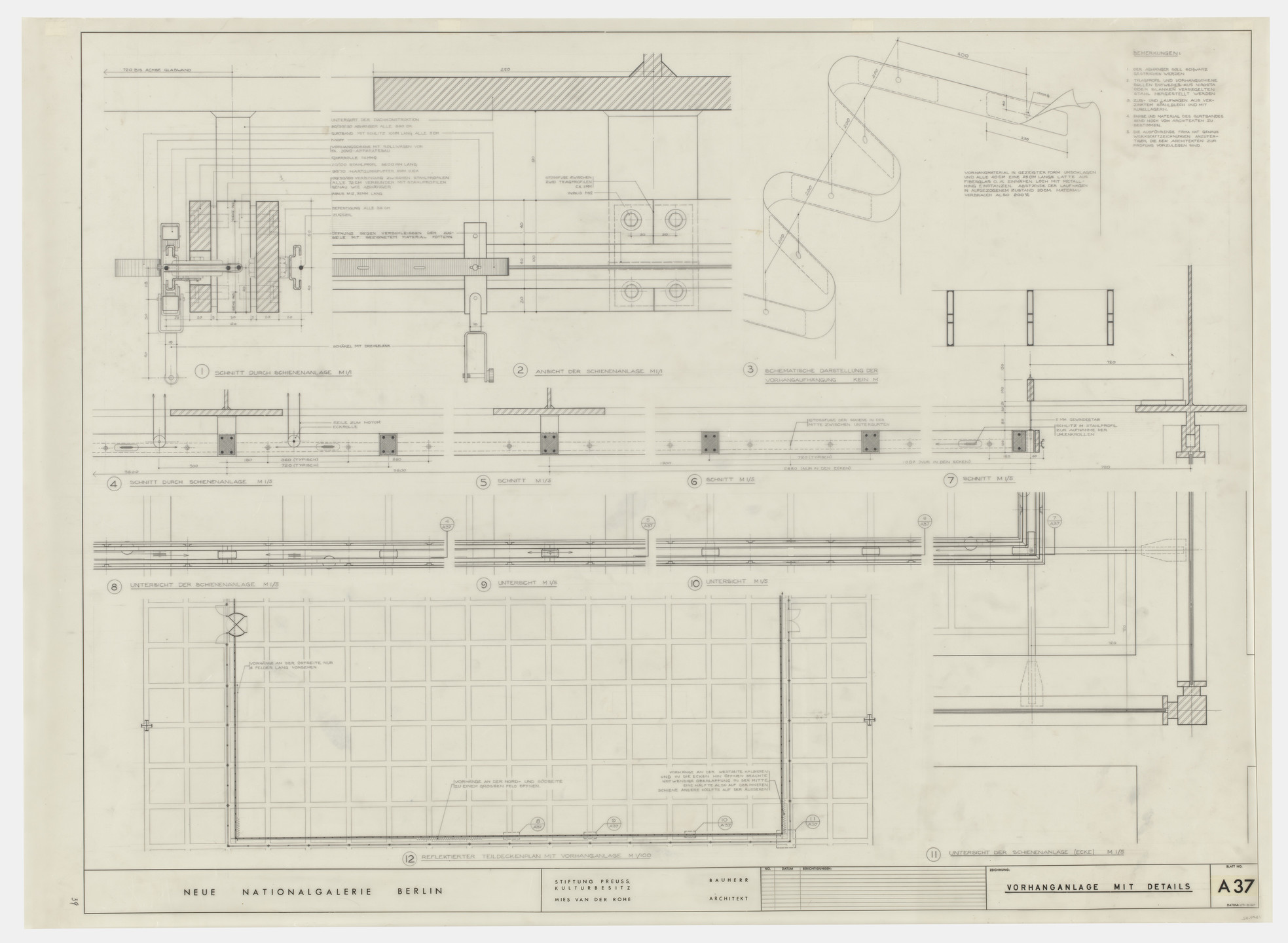 Ludwig Mies van der Rohe. New National Gallery, Berlin, Germany (Curtain rods with details. Plans, sections, and isometric view). c. 1962-68