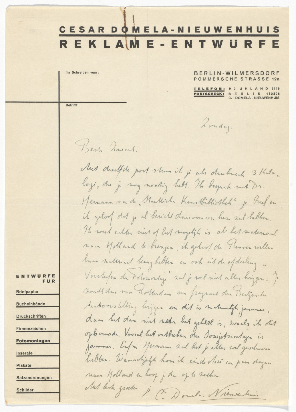 César Domela-Nieuwenhuis. César Domela-Nieuwenhuis letterhead (Letter to Piet Zwart). 1920s