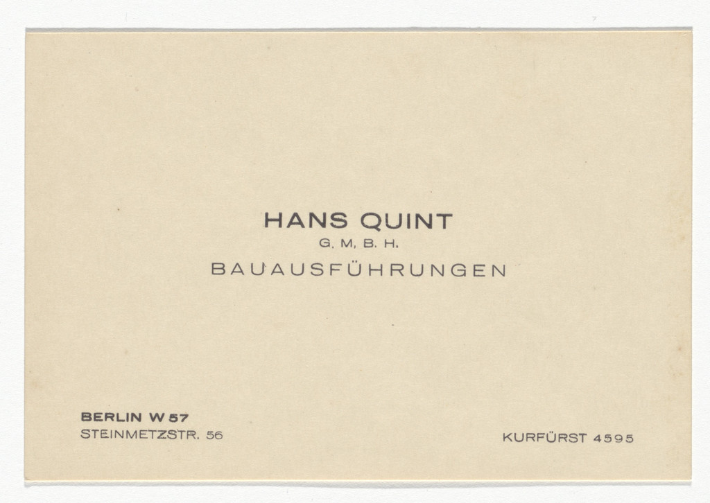 Hans Quint G.m.b.H. stationery calling card