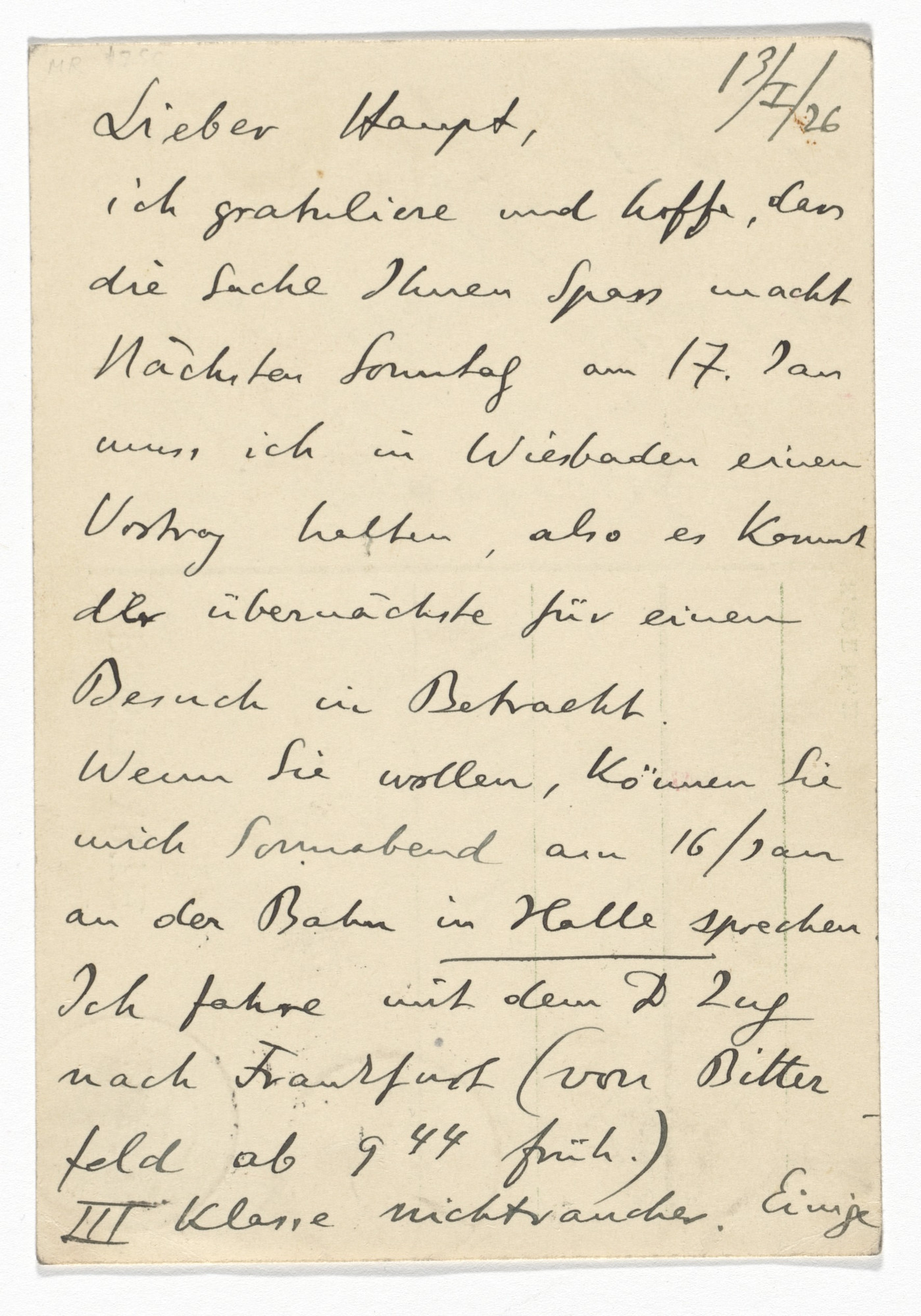 László Moholy-Nagy. Handwritten postcard to K. H. Haupt
