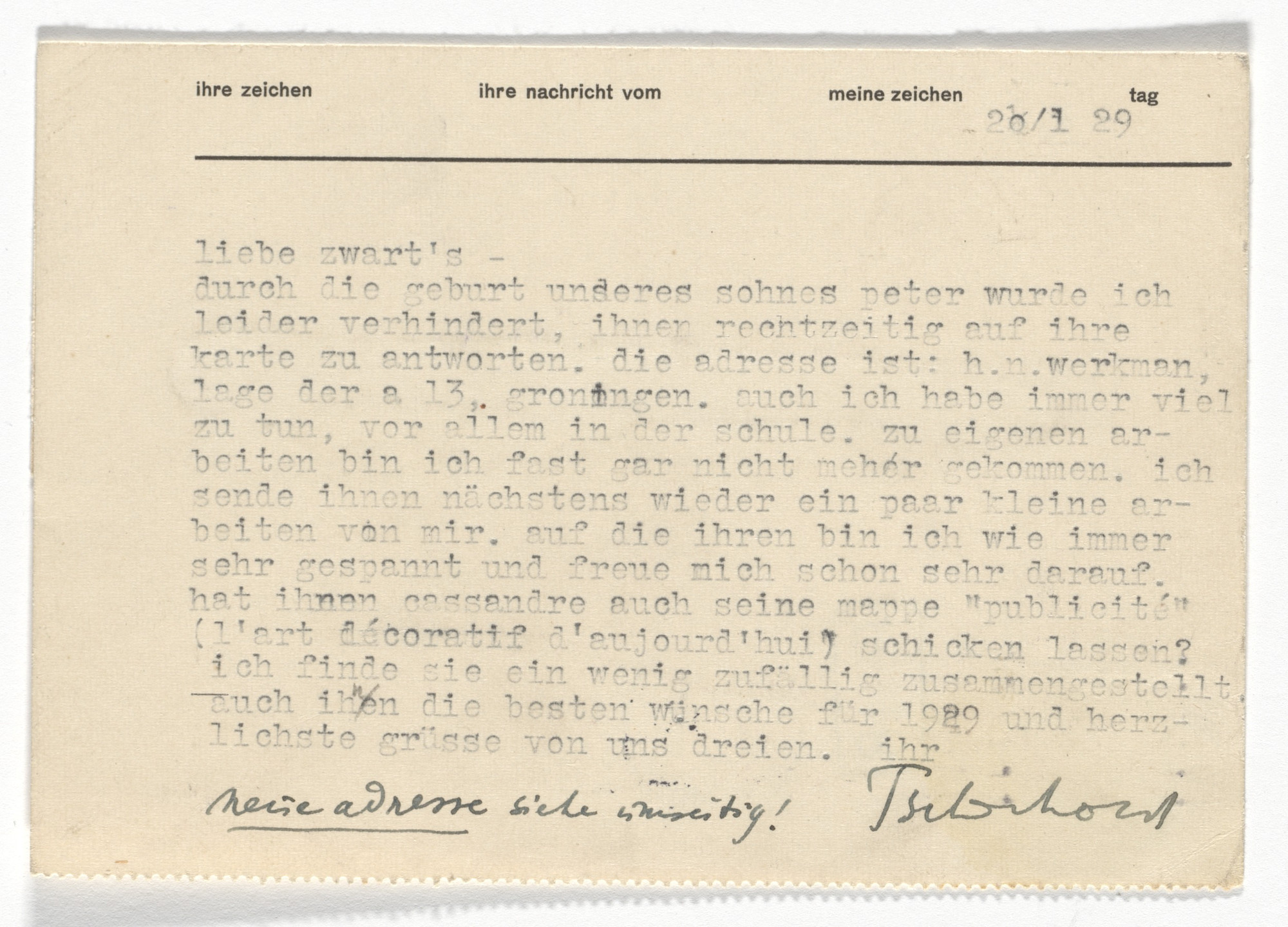 Jan Tschichold. Jan Tschichold stationery postcard (Sent to Piet Zwart)