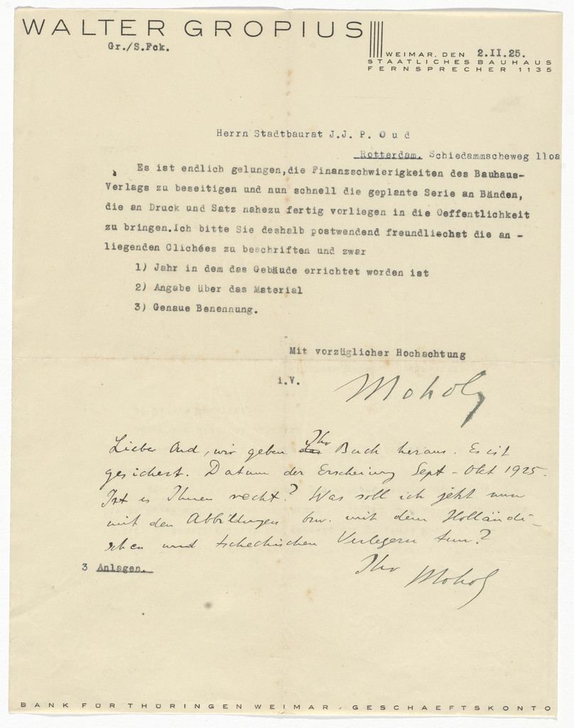 Walter Gropius letterhead (Letter to J.J. Pieter Oud from Moholy-Nagy)