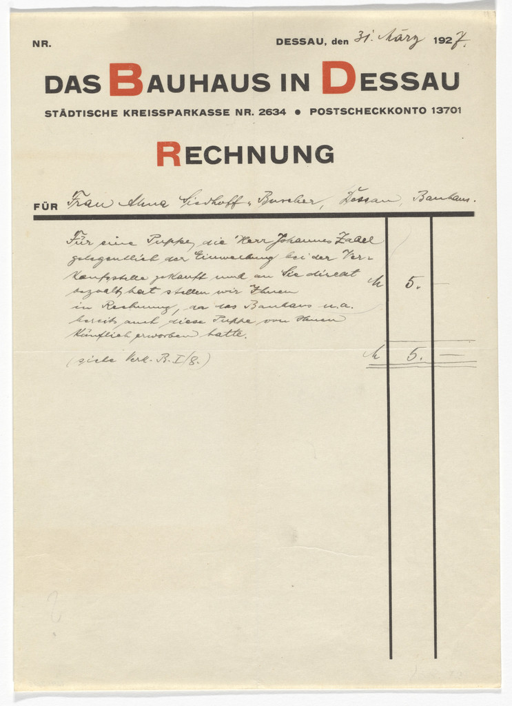 Stationery invoice for Das Bauhaus in Dessau (For sale of a doll by Alma Siedhoff-Buscher)