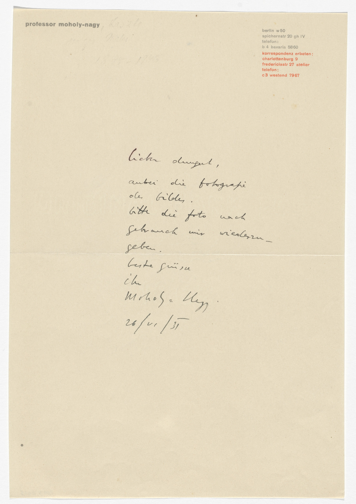 László Moholy-Nagy. Professor Moholy-Nagy letterhead (Letter to Max Dungert)