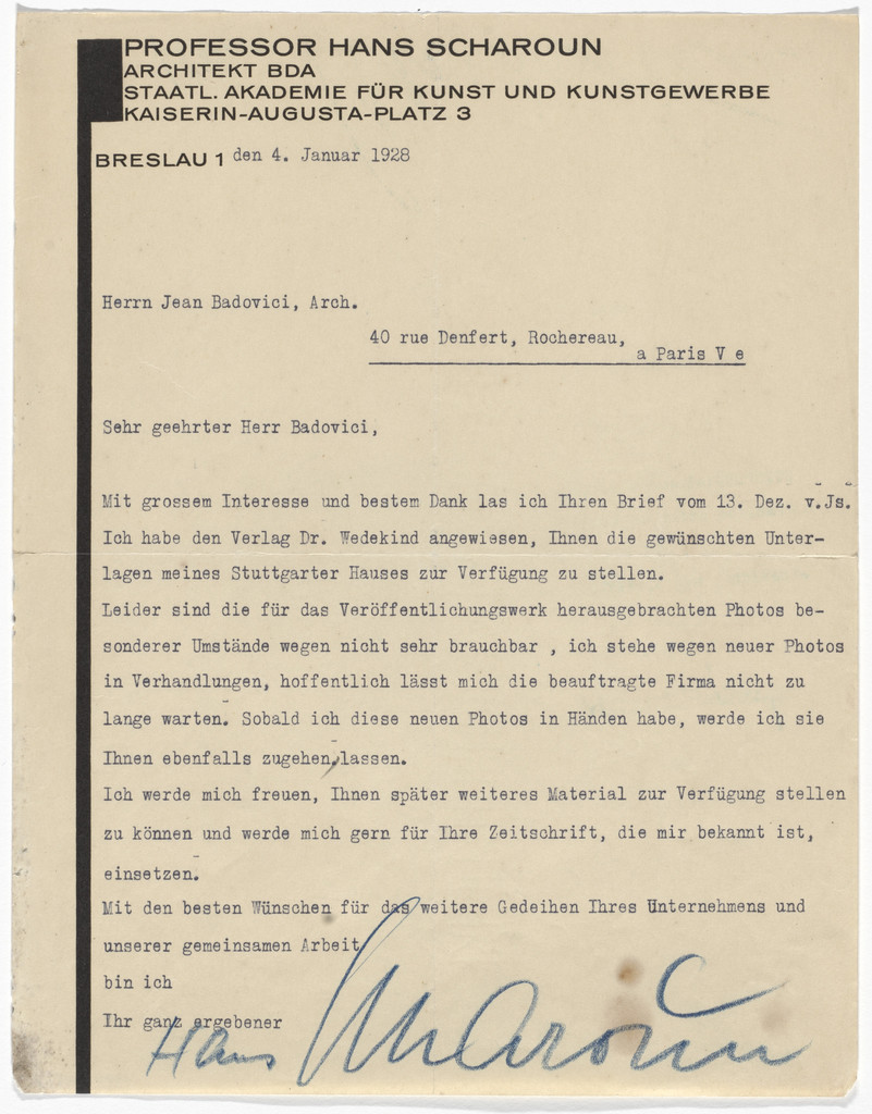 Hans Scharoun letterhead (Letter to Jean Badovici from Scharoun)