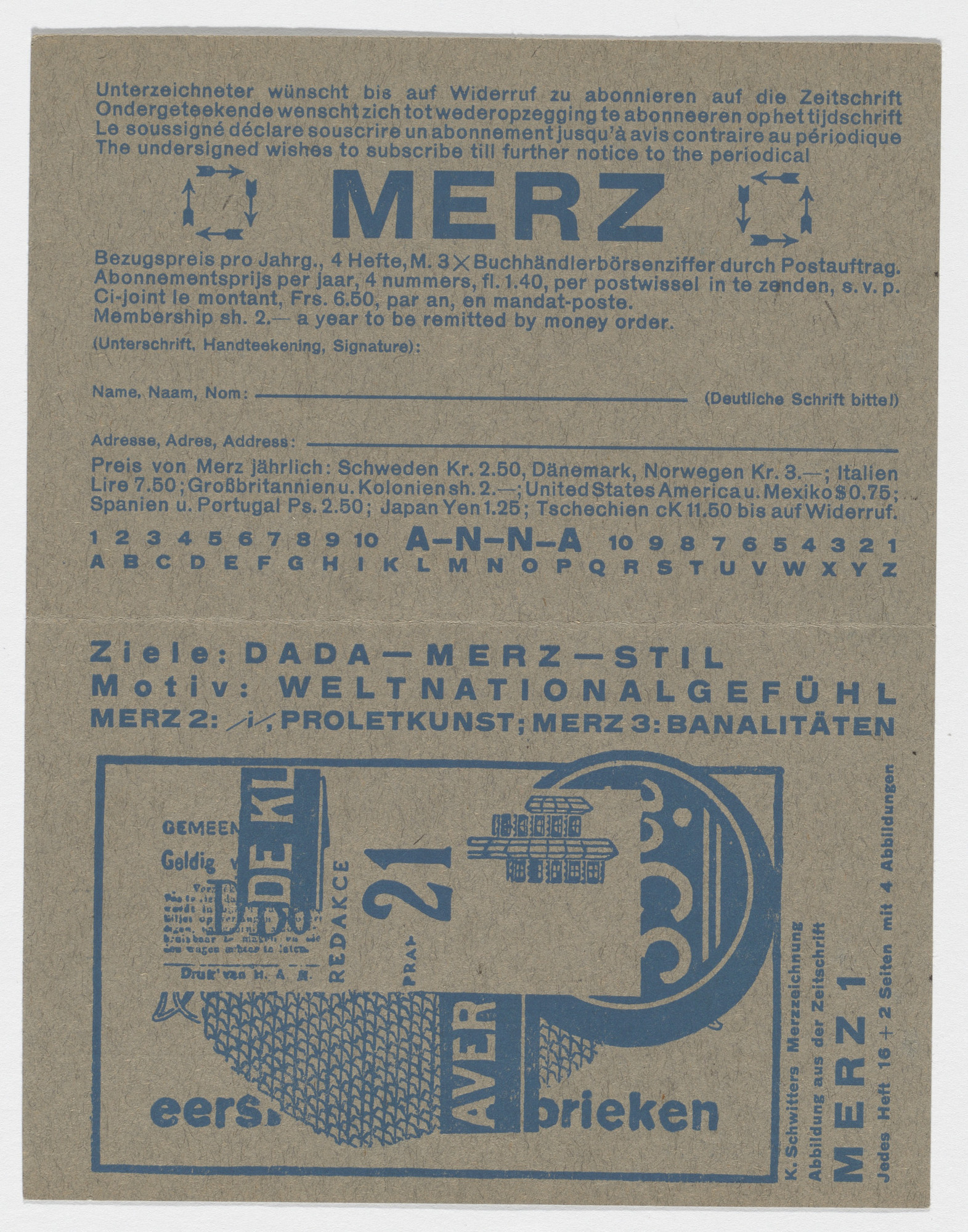 Kurt Schwitters. Merz subscription card