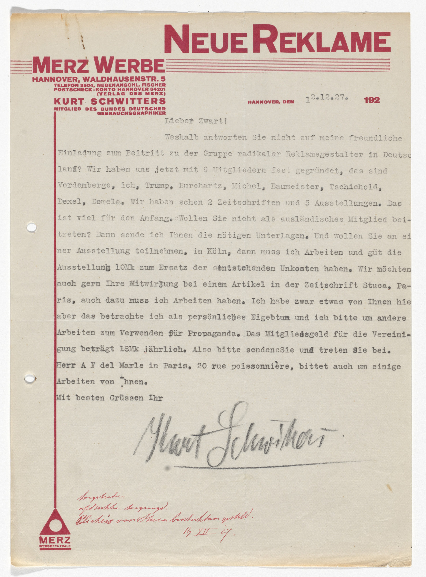 Kurt Schwitters. Merz Werbe letterhead (Letter to Piet Zwart from Schwitters)