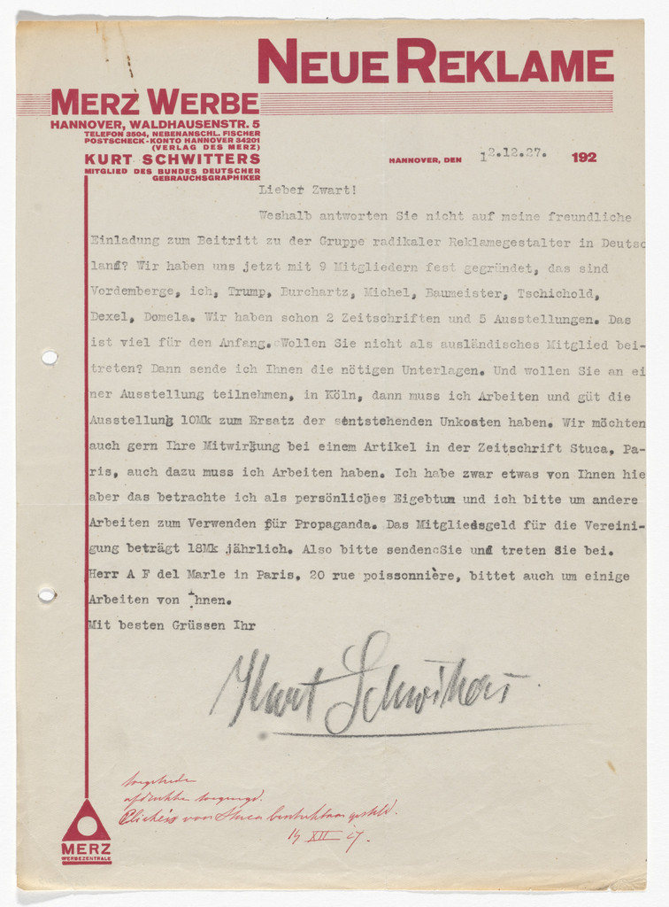 Merz Werbe letterhead (Letter to Piet Zwart from Schwitters)