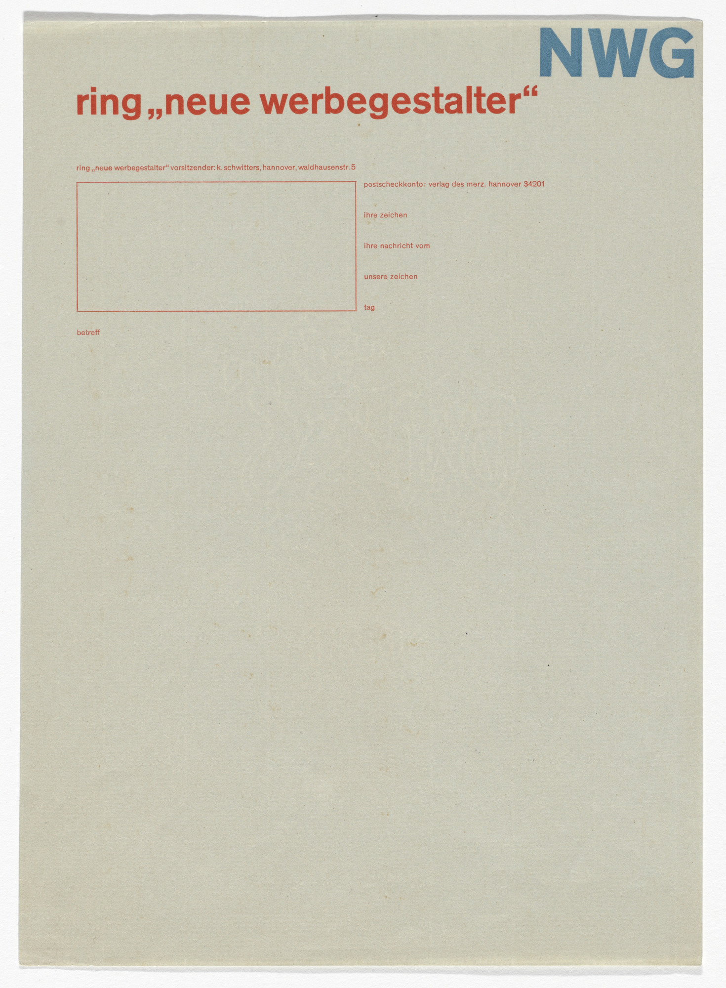 Kurt Schwitters. NWG (ring neue Werbegestalter) letterhead