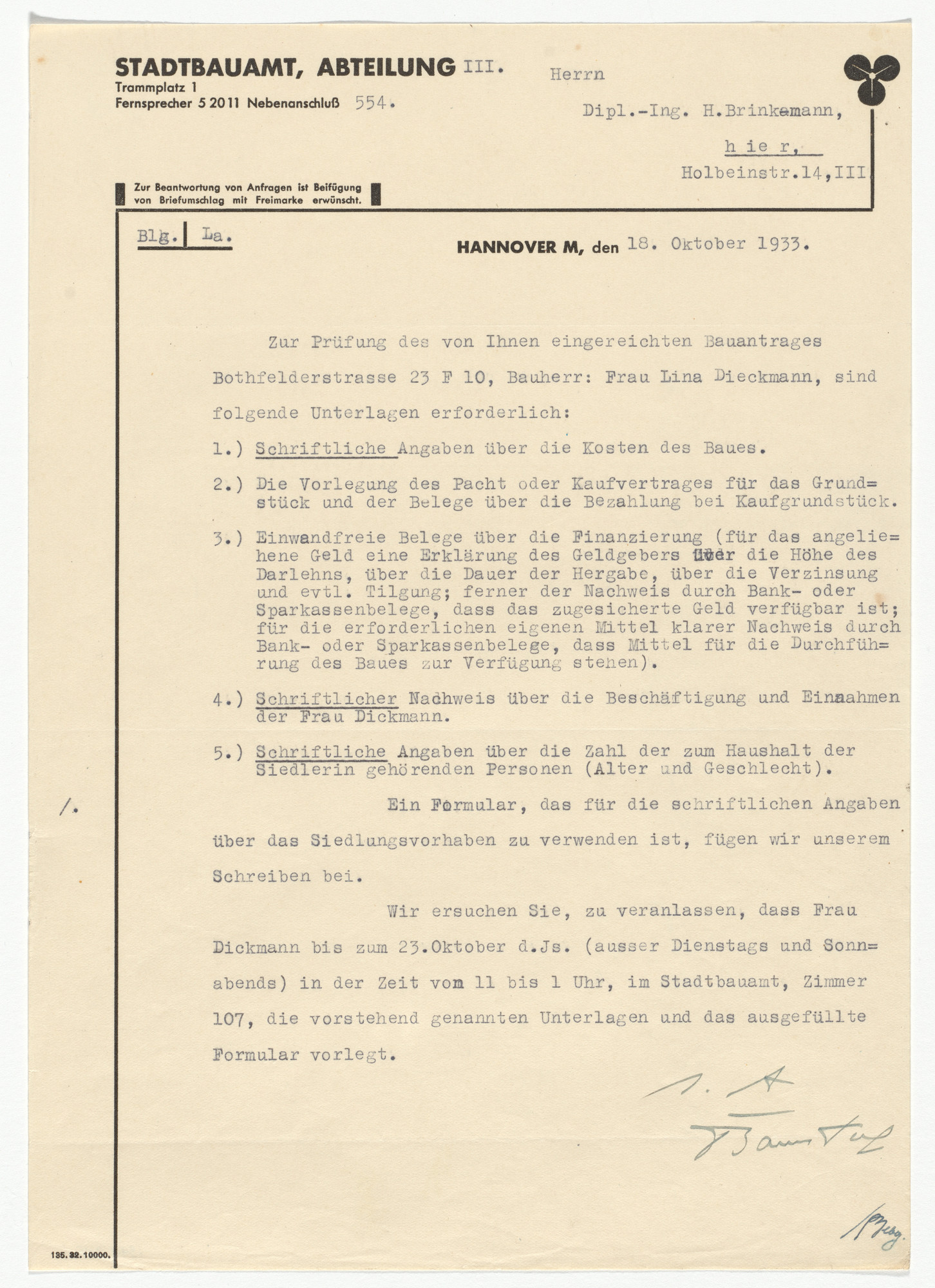 Kurt Schwitters. City of Hannover letterhead (Letter to H. Brinkmann)