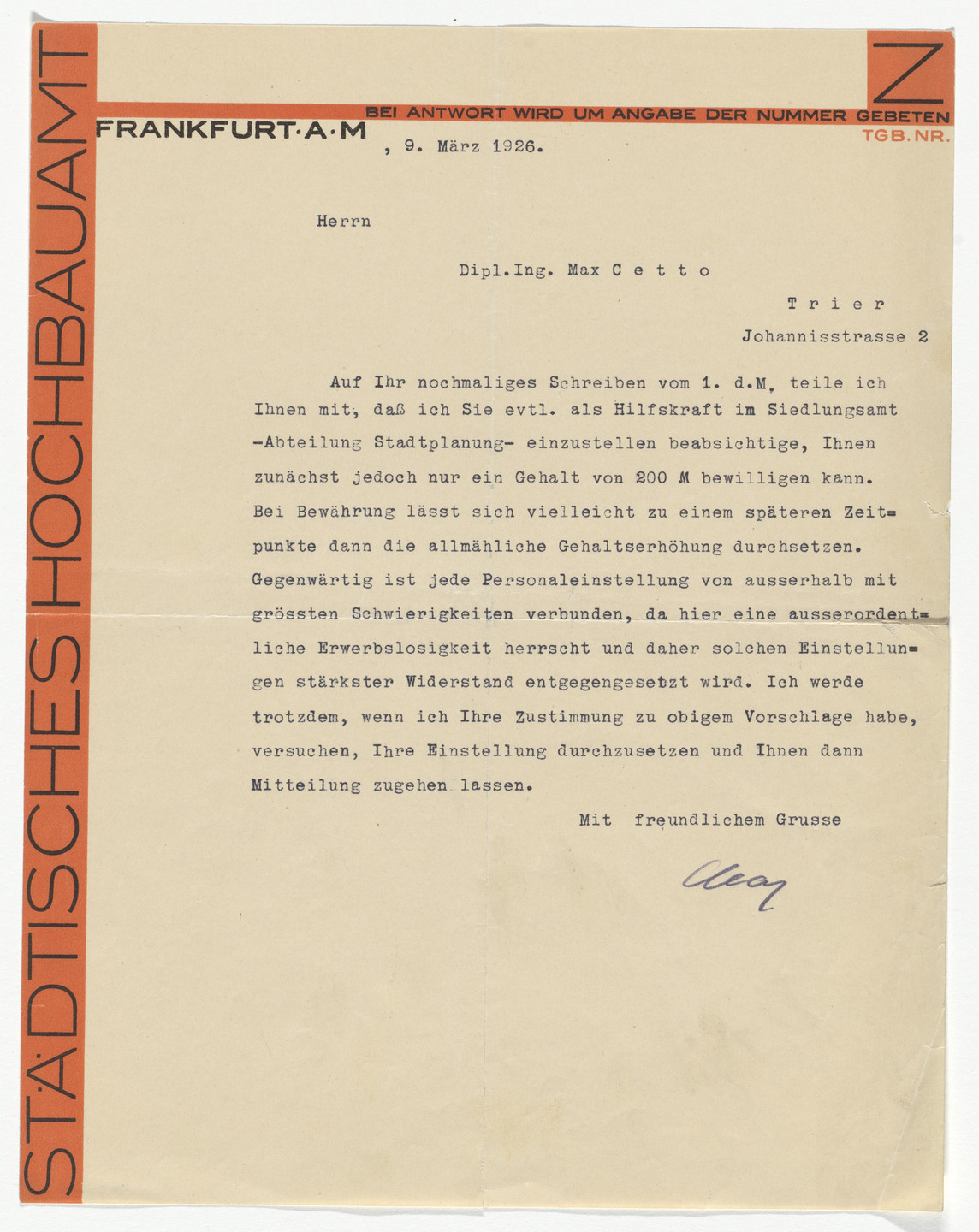 Unidentified Designer. Städtisches Hochbaumt letterhead (Letter to Max Cetto). 1926