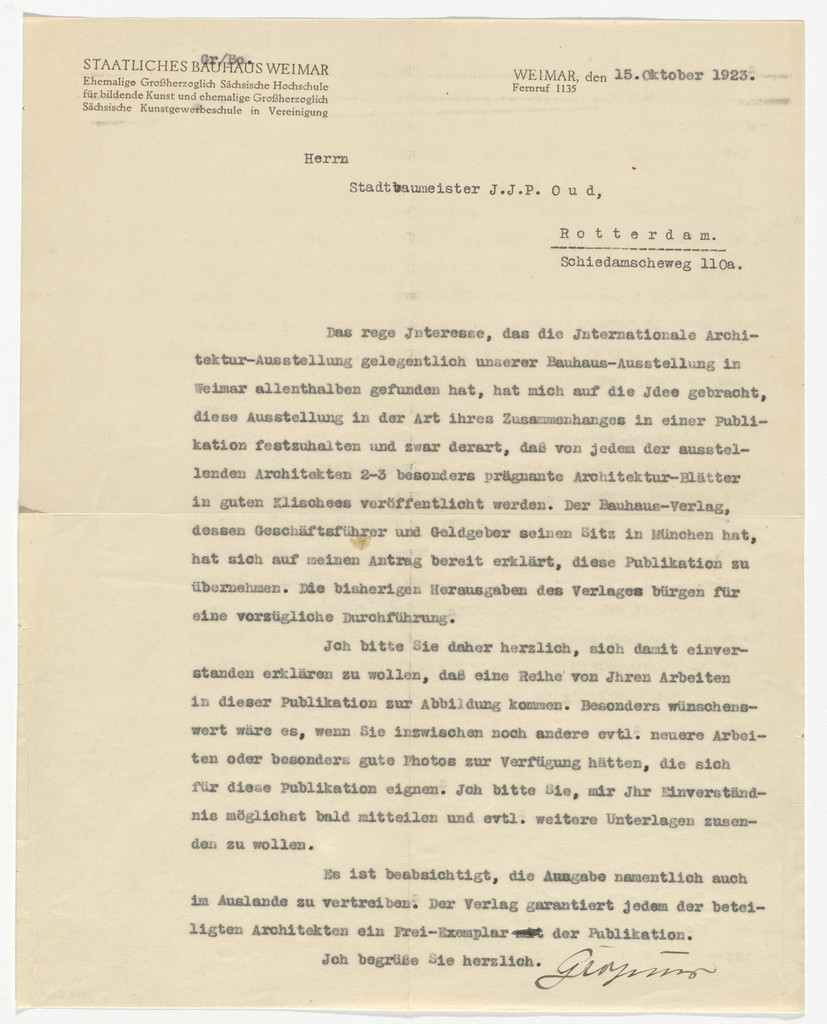 Staatliches Bauhaus Weimar letterhead (Letter to J.J.P. Oud from Walter Gropius)
