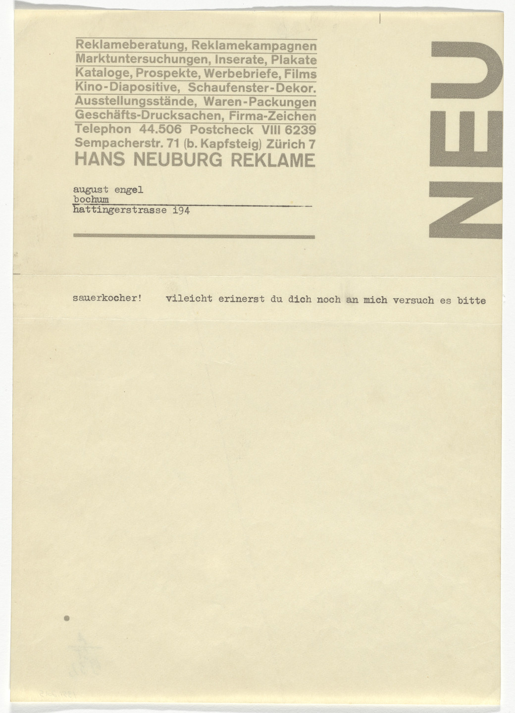 Anton Stankowski. Hans Neuburg letterhead (Letter to August Engel). 1932