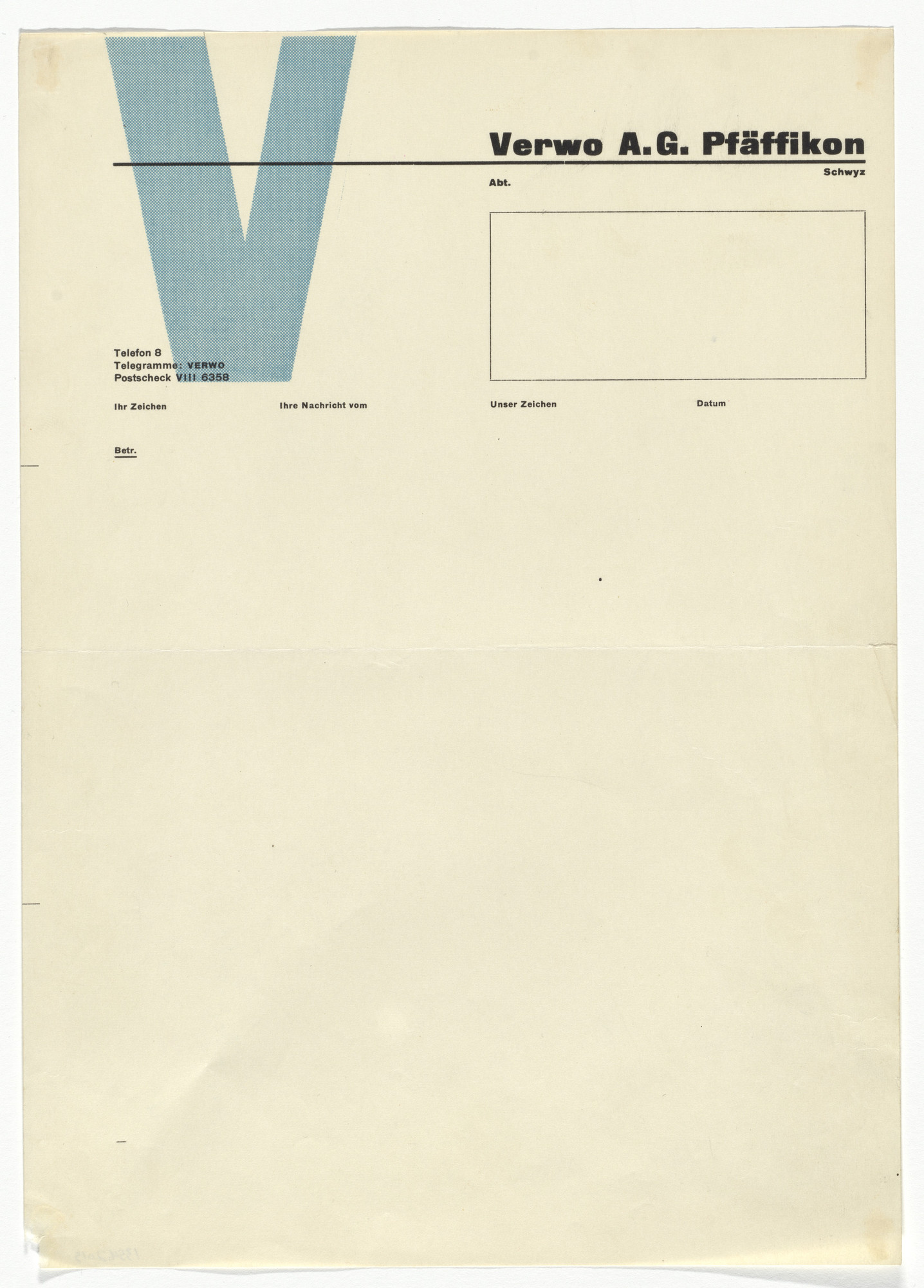 Anton Stankowski. Verwo A.G. Pfäffikon letterhead