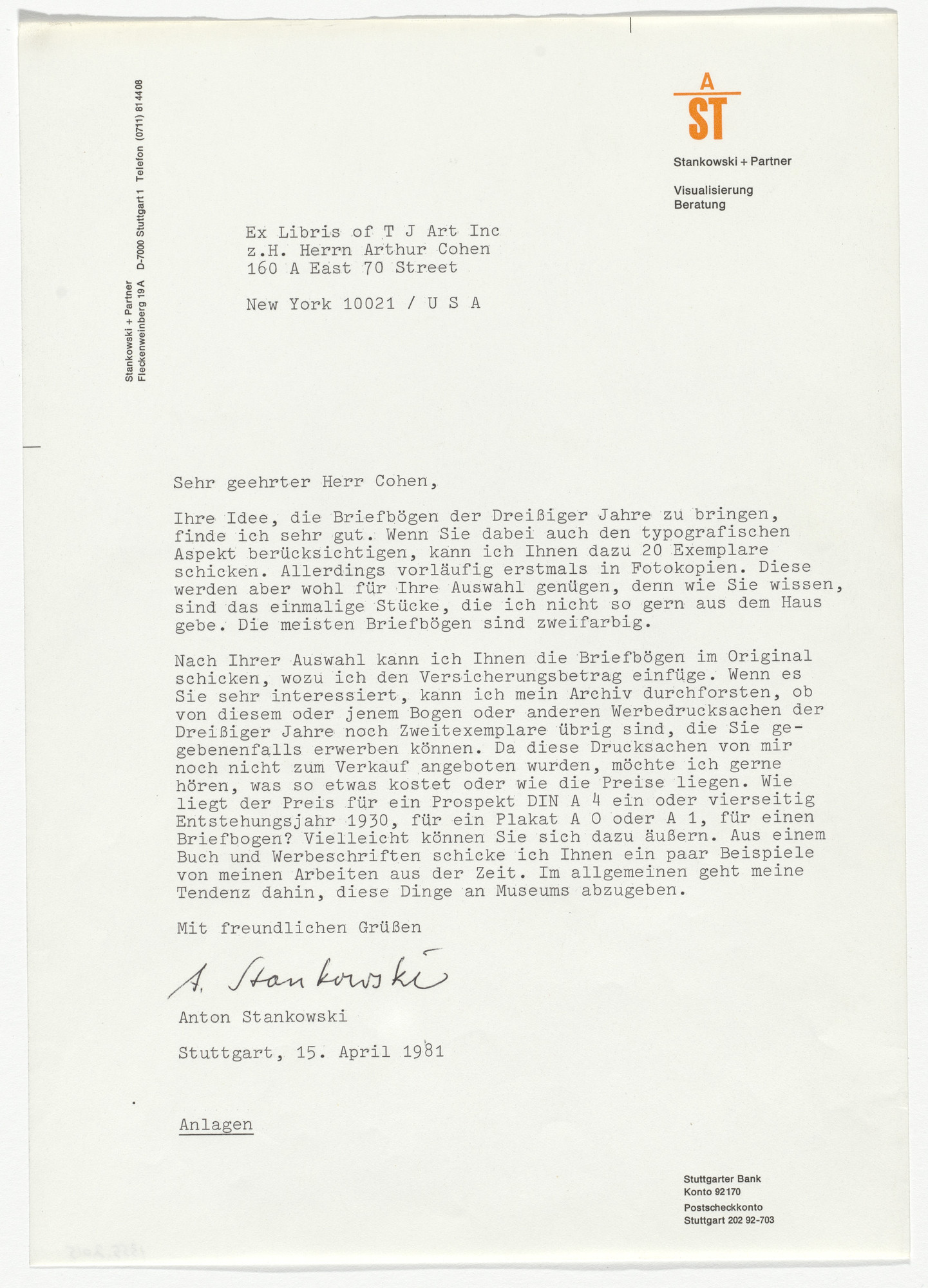 Anton Stankowski. Stankowski and Partner letterhead