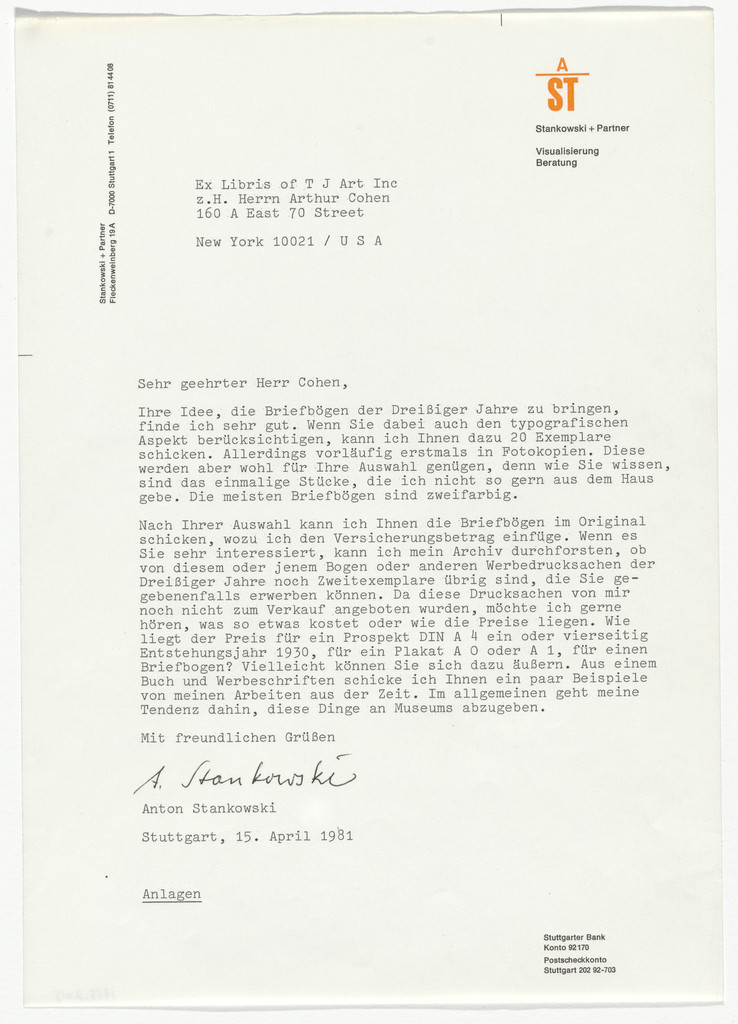 Stankowski and Partner letterhead (Letter to Arthur A. Cohen)