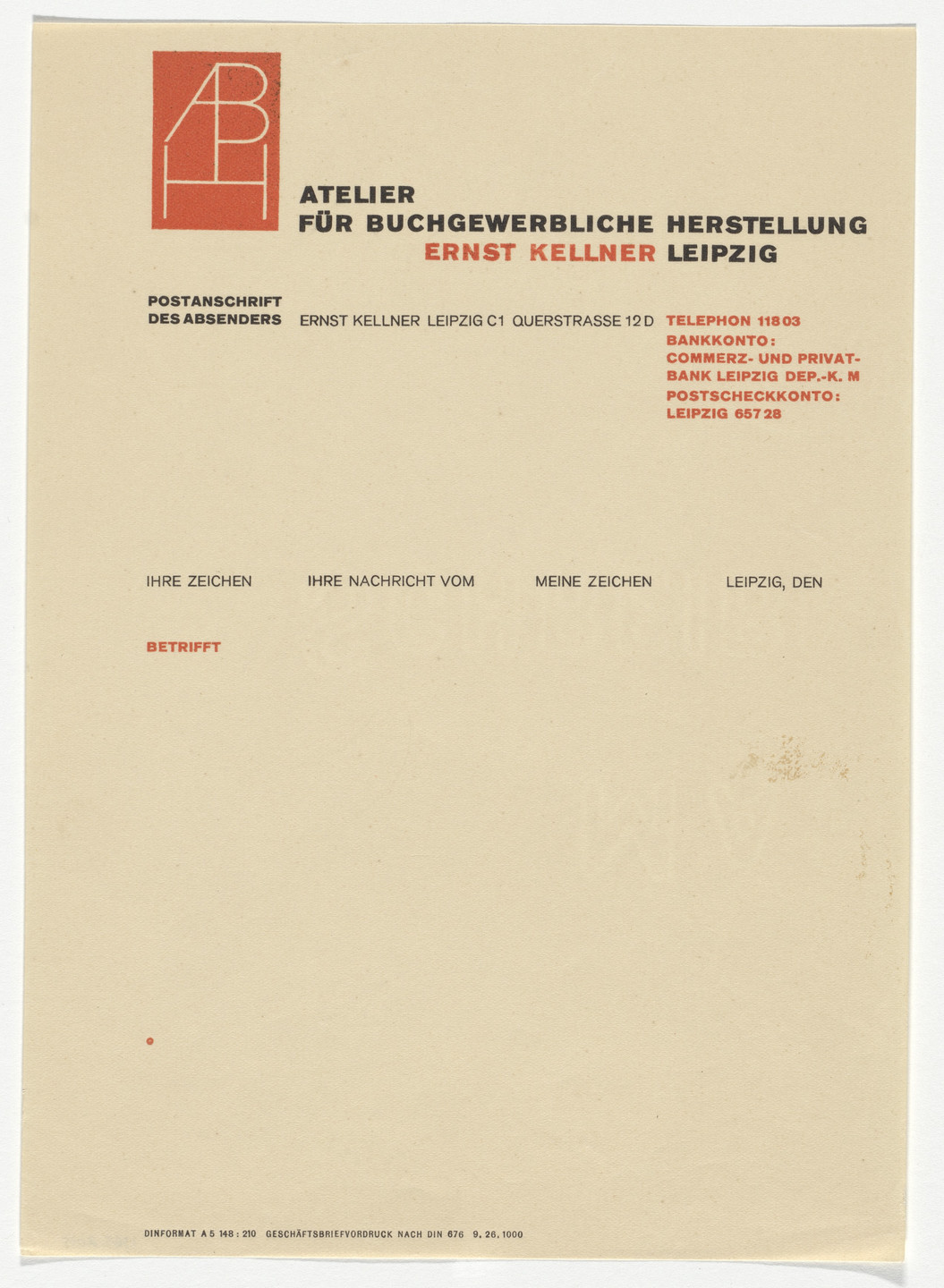 Georg Trump. Atelier für Buchgewerbliche Herstellung Ernst Keller letterhead. 1925–1929