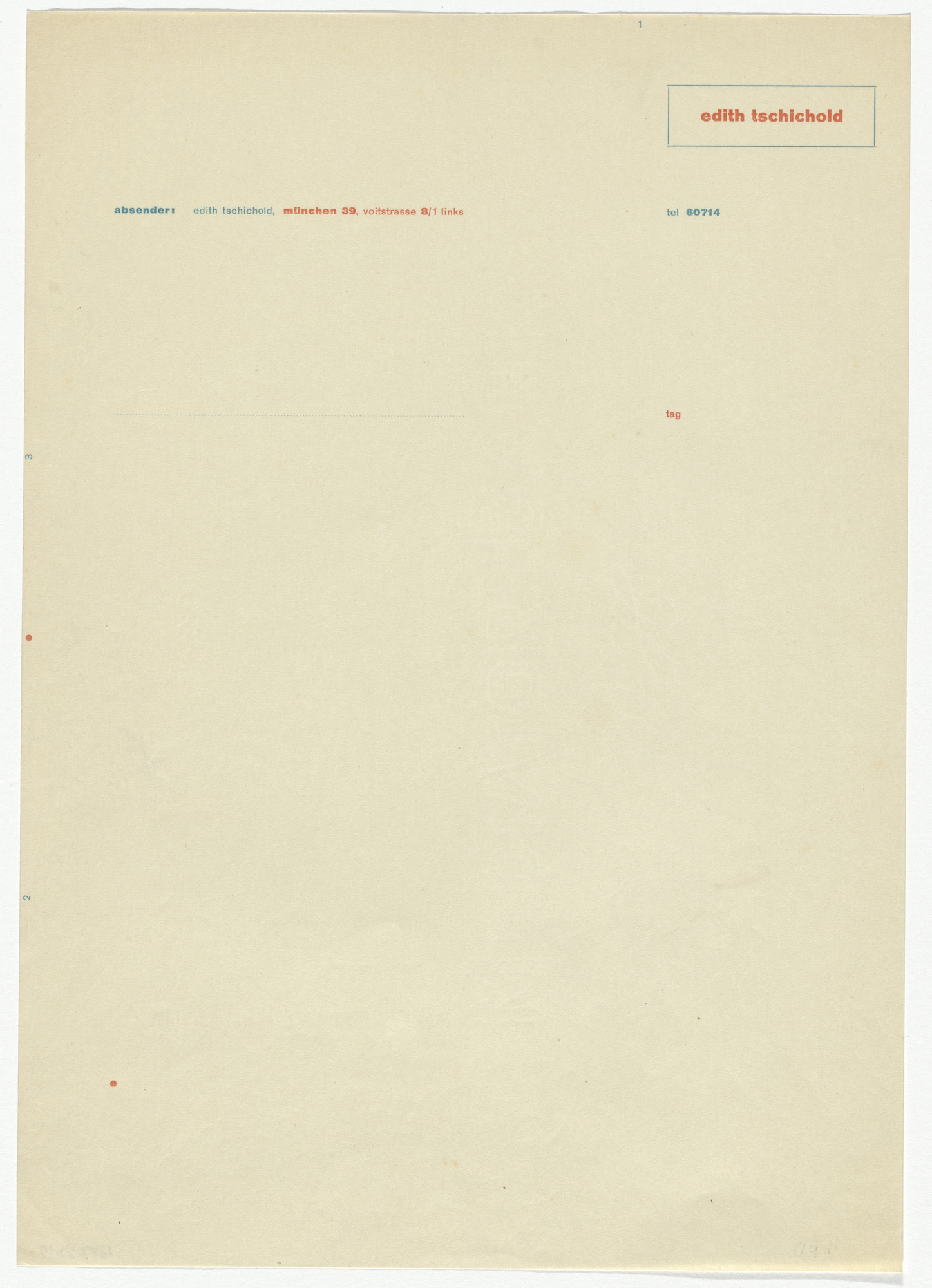 Jan Tschichold. Edith Tschichold letterhead