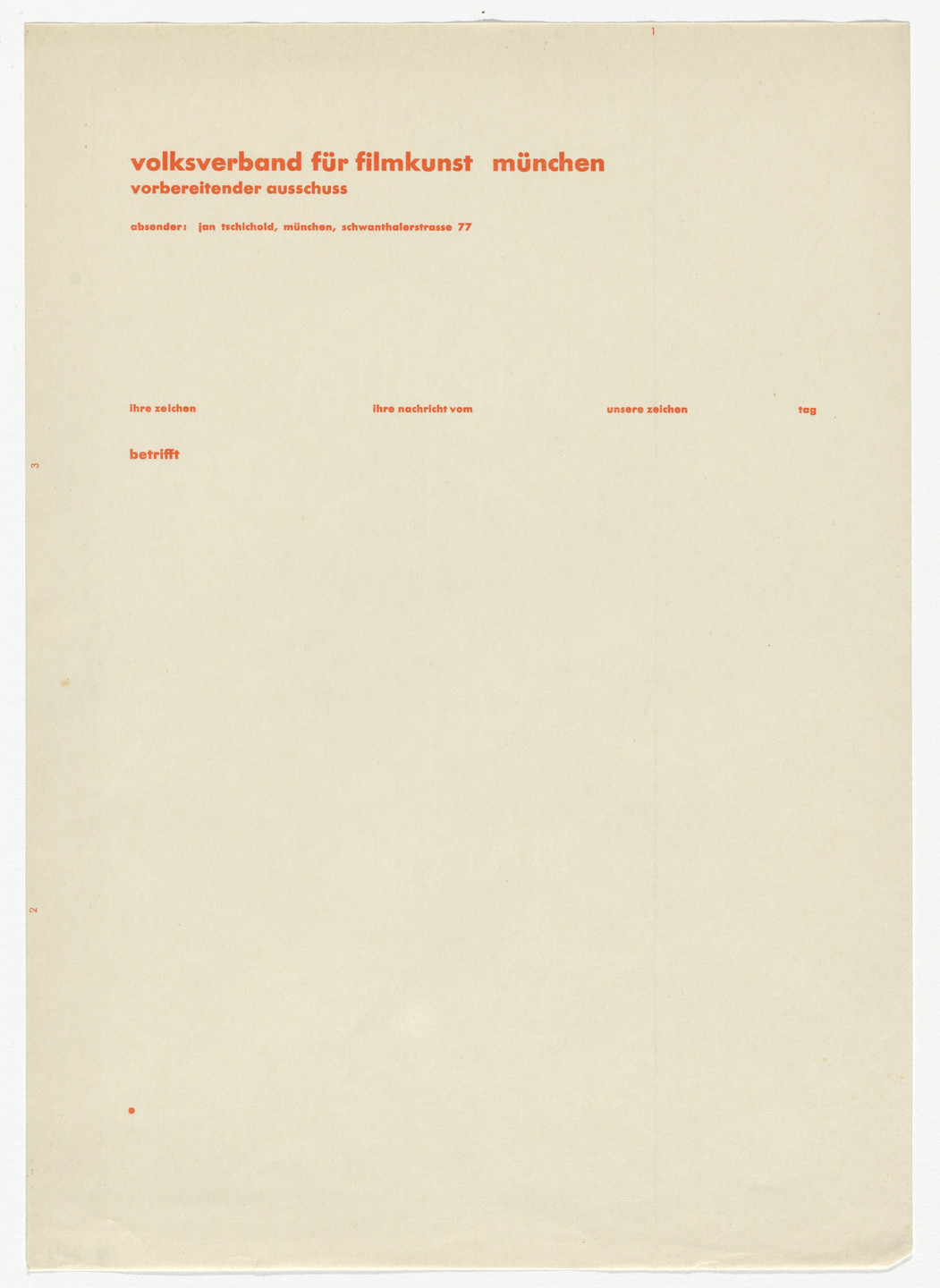 Jan Tschichold. Volksverband für Filmkunst München letterhead. c.1928