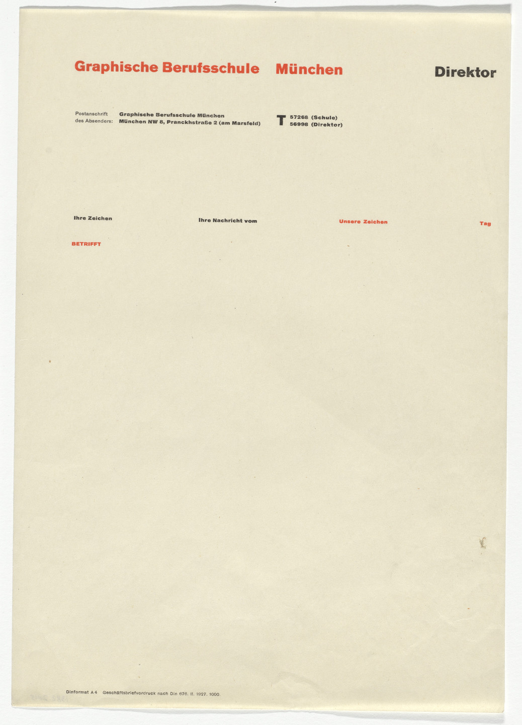 Jan Tschichold. Graphische Berufsschule München (Graphic Professional School Munich) letterhead. 1927