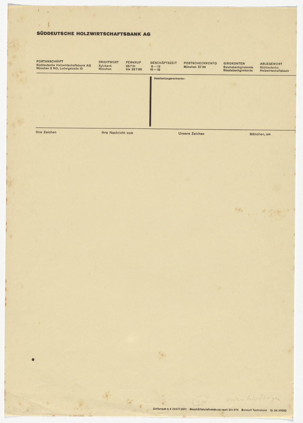 Jan Tschichold. Süddeutsche Holzwirtschaftsbank, AG. letterhead. 1928