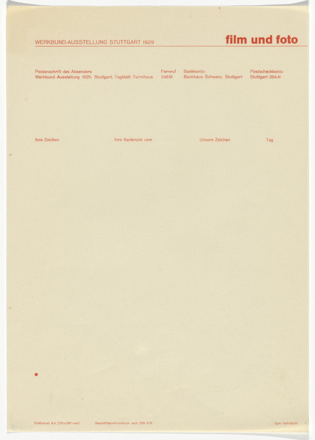 Jan Tschichold. Film und Foto exhibition letterhead. 1929