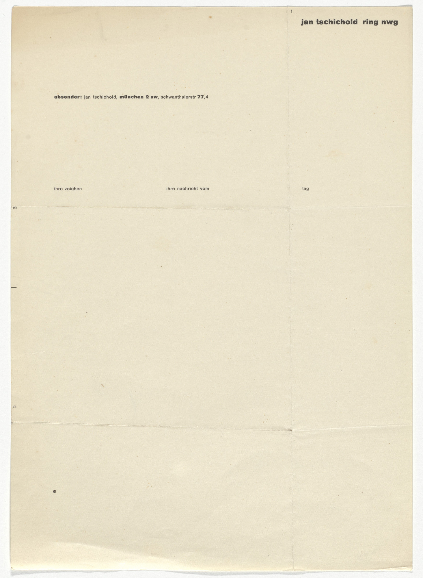 Jan Tschichold. Jan Tschichold Ring NWG letterhead