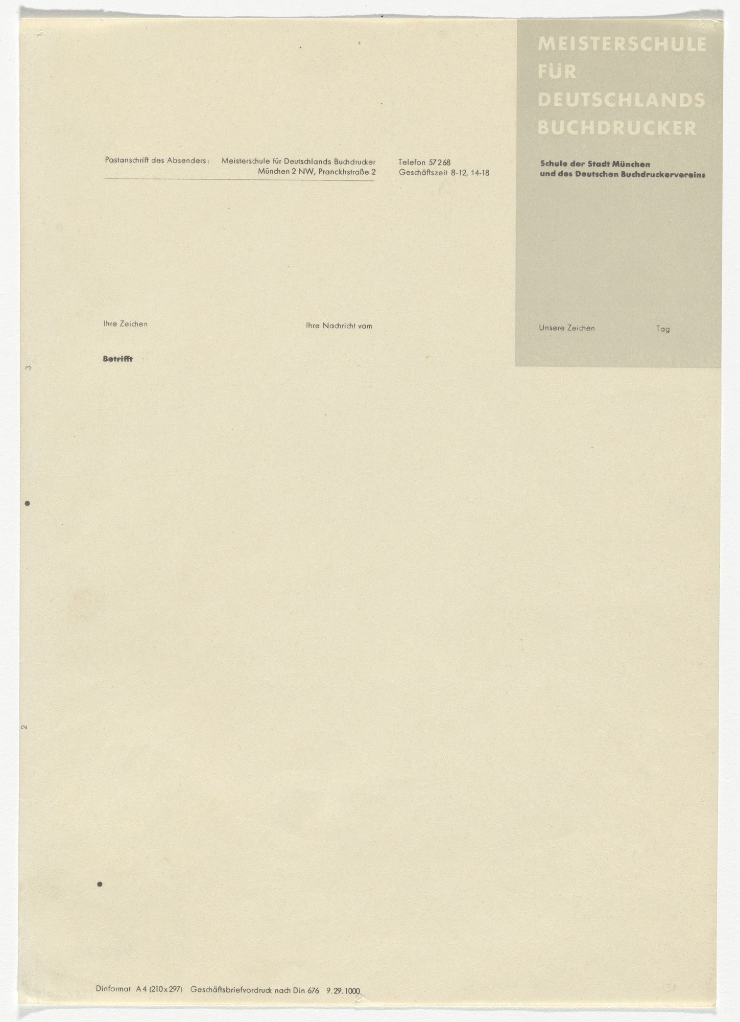 Jan Tschichold. Meisterschule für Deutschlands Buchdrucker (Master School for German book printers) letterhead