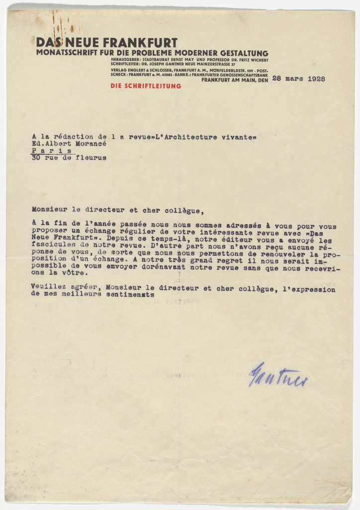 Das Neue Frankfurt letterhead (Letter to Albert Morancé from Joseph Gentner)