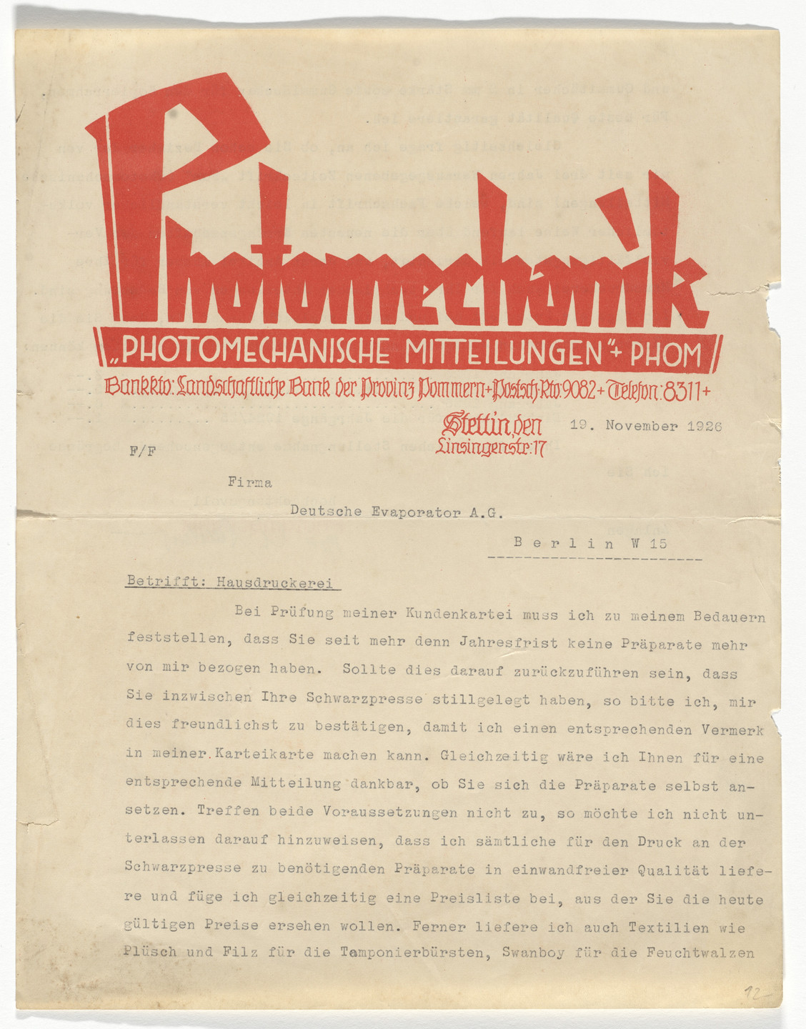 Unidentified Designer. Photomechanik letterhead. 1926