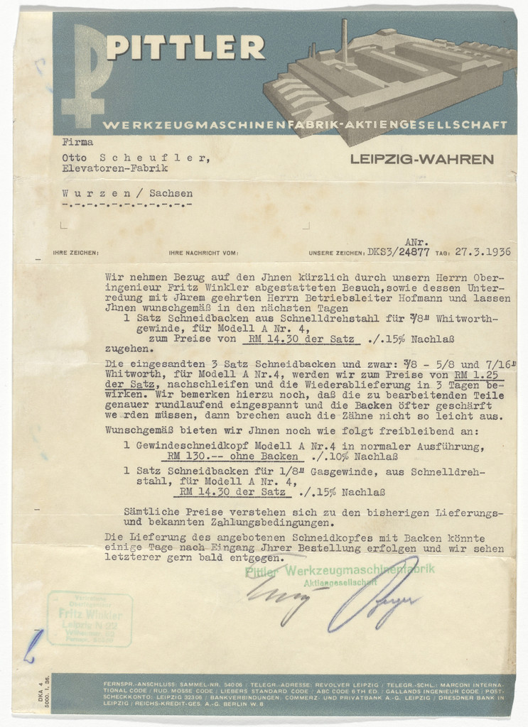 Pittler Werkzeugmaschinenfabrik letterhead
