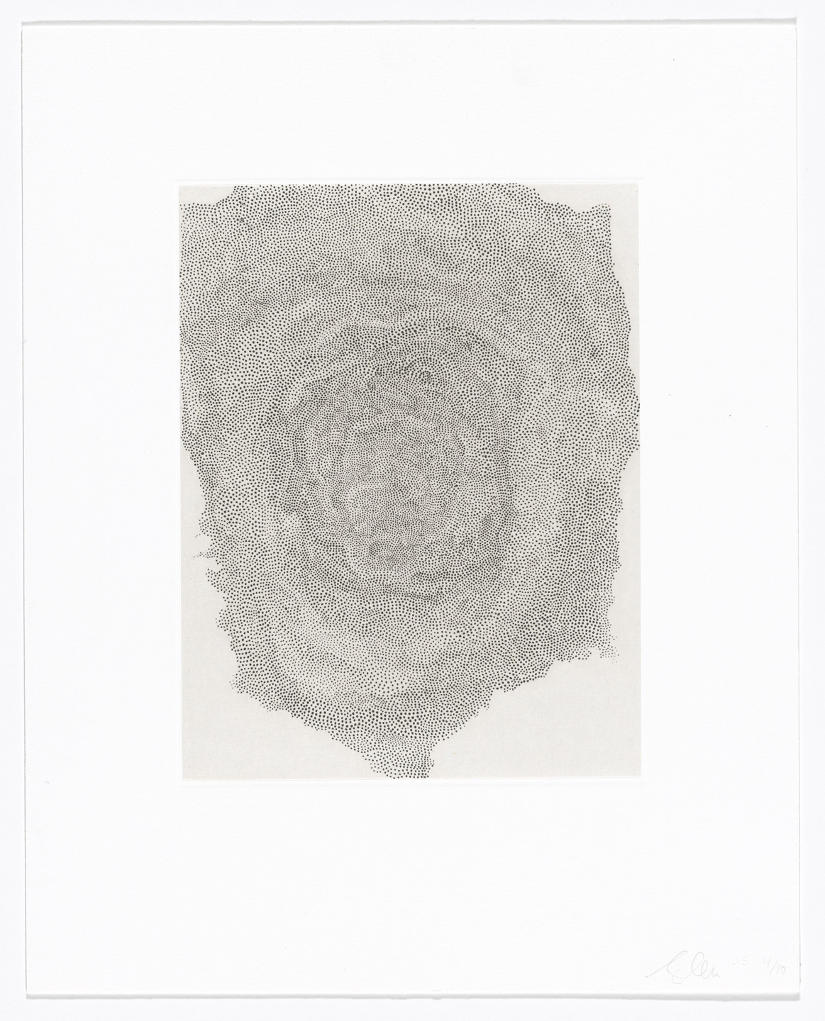 The image features a swirling pattern comprised of many small, densely packed, black dots on a white background. The dot arrangement forms a circular, textured design, gradually expanding outward. This is an AI generated description. To give feedback, email ai@moma.org.