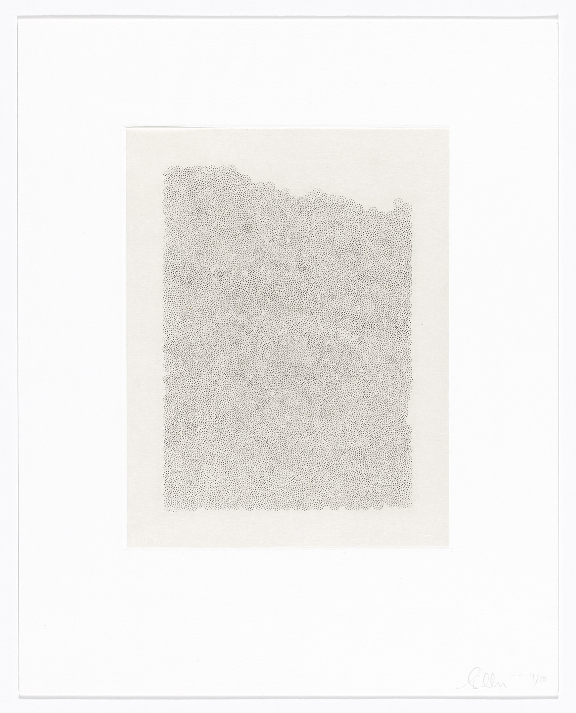 A grey rectangular area composed of numerous tiny, closely packed dots is displayed on a white background. The dense dots create a textured effect, forming an irregular pattern within the rectangle. This is an AI generated description. To give feedback, email ai@moma.org.