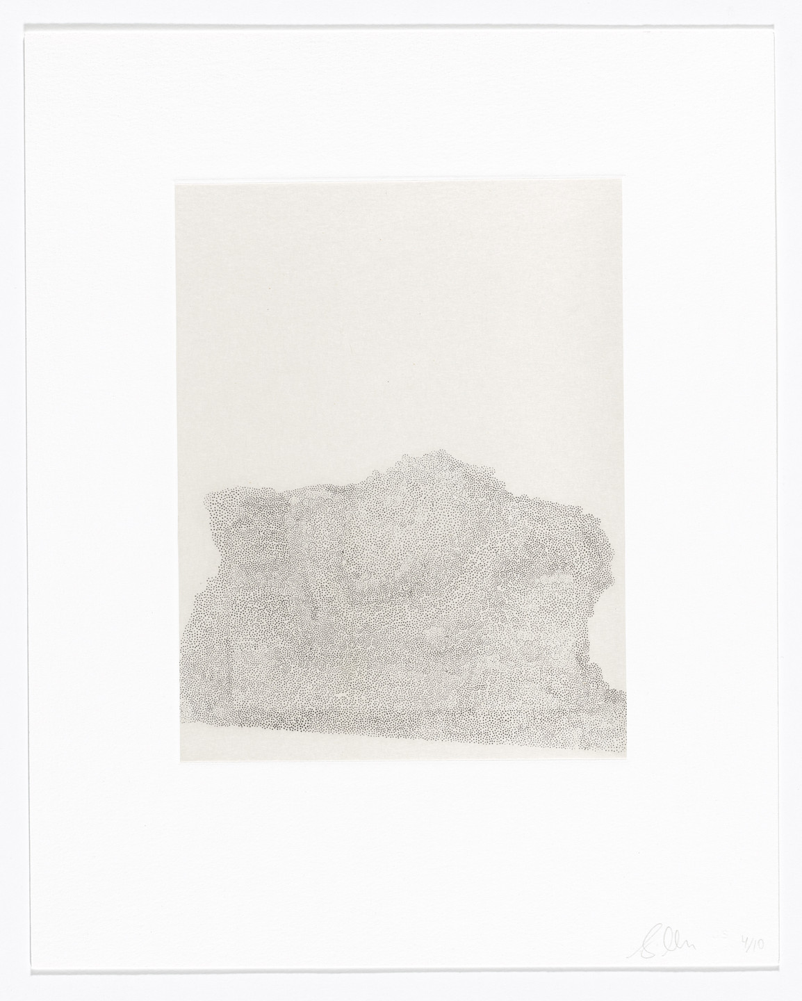 The artwork features numerous tiny dots forming an irregular, cloud-like shape in the center, predominantly colored in light grey and white. The background is off-white, creating a soft contrast. This is an AI generated description. To give feedback, email ai@moma.org.