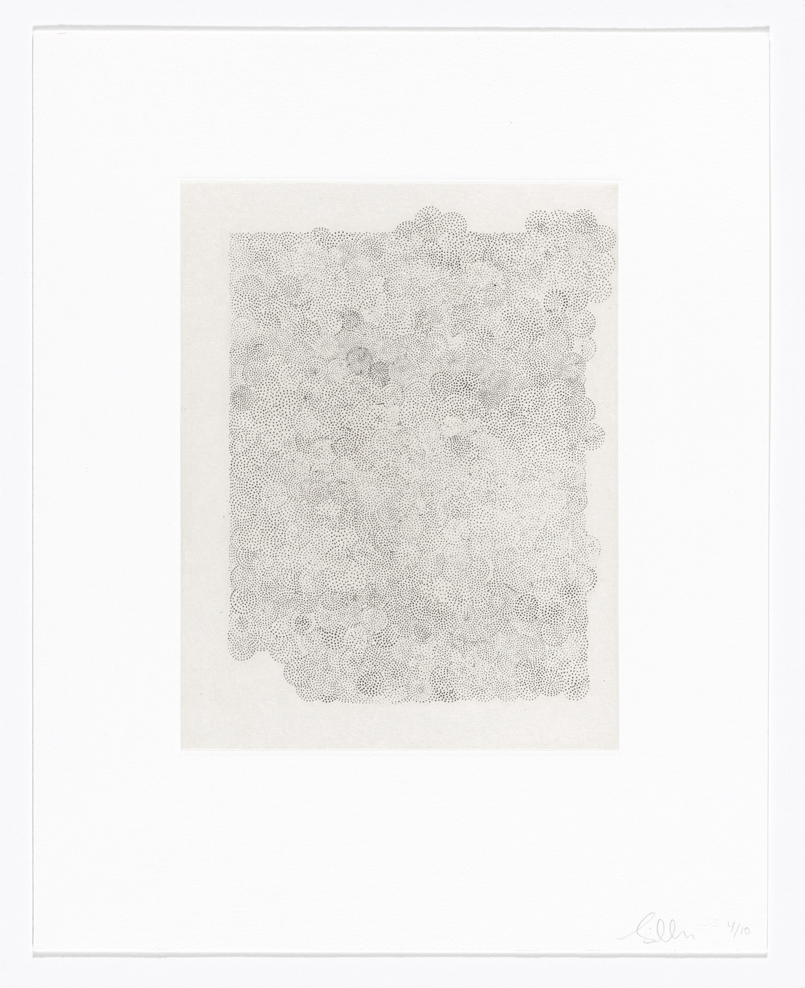 The image shows a dense cluster of small, light grey dots on a white background, forming an irregular rectangular shape. The pattern&#39;s density varies in different areas, creating a textured visual effect. This is an AI generated description. To give feedback, email ai@moma.org.
