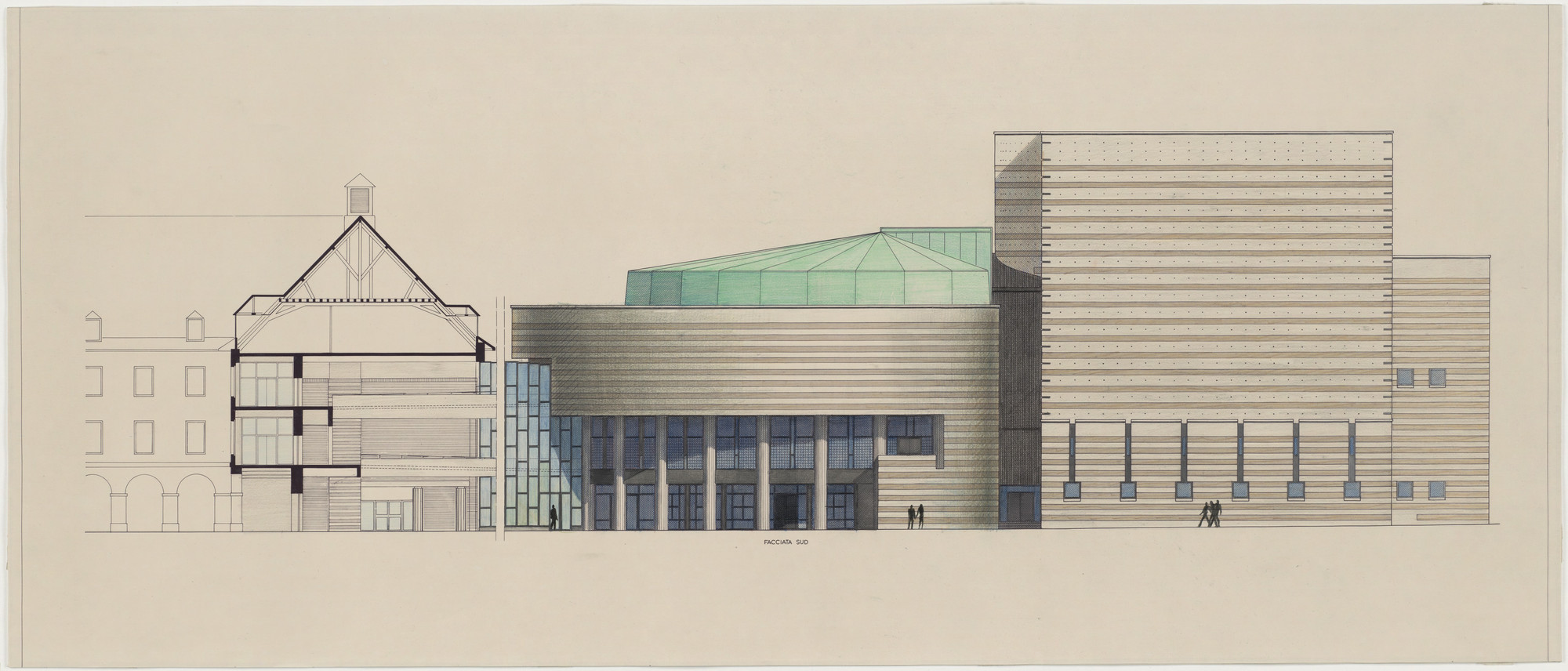 Mario Botta. Cultural Center, Chambéry, France, South elevation. 1982-86