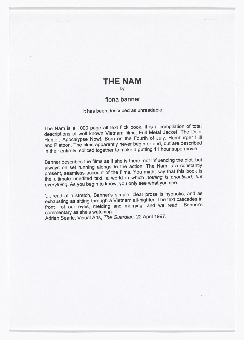 Fiona Banner. Press release for The Nam. n.d.