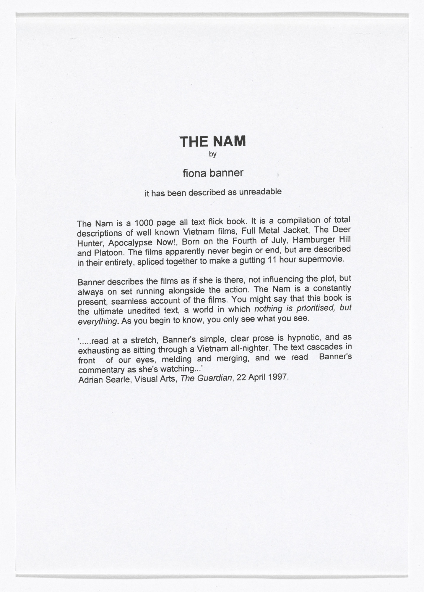 Fiona Banner. Press release for The Nam
