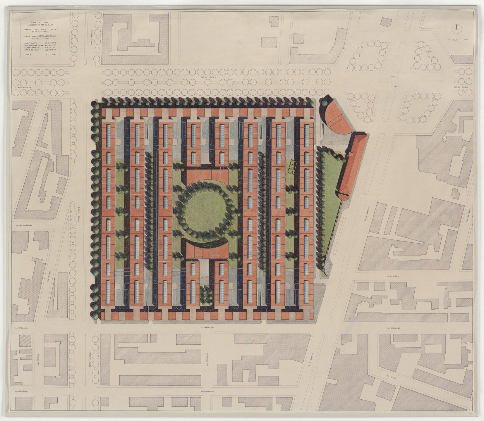 Mario Botta. Urban Housing, Turin, Italy, Site plan. 1985.