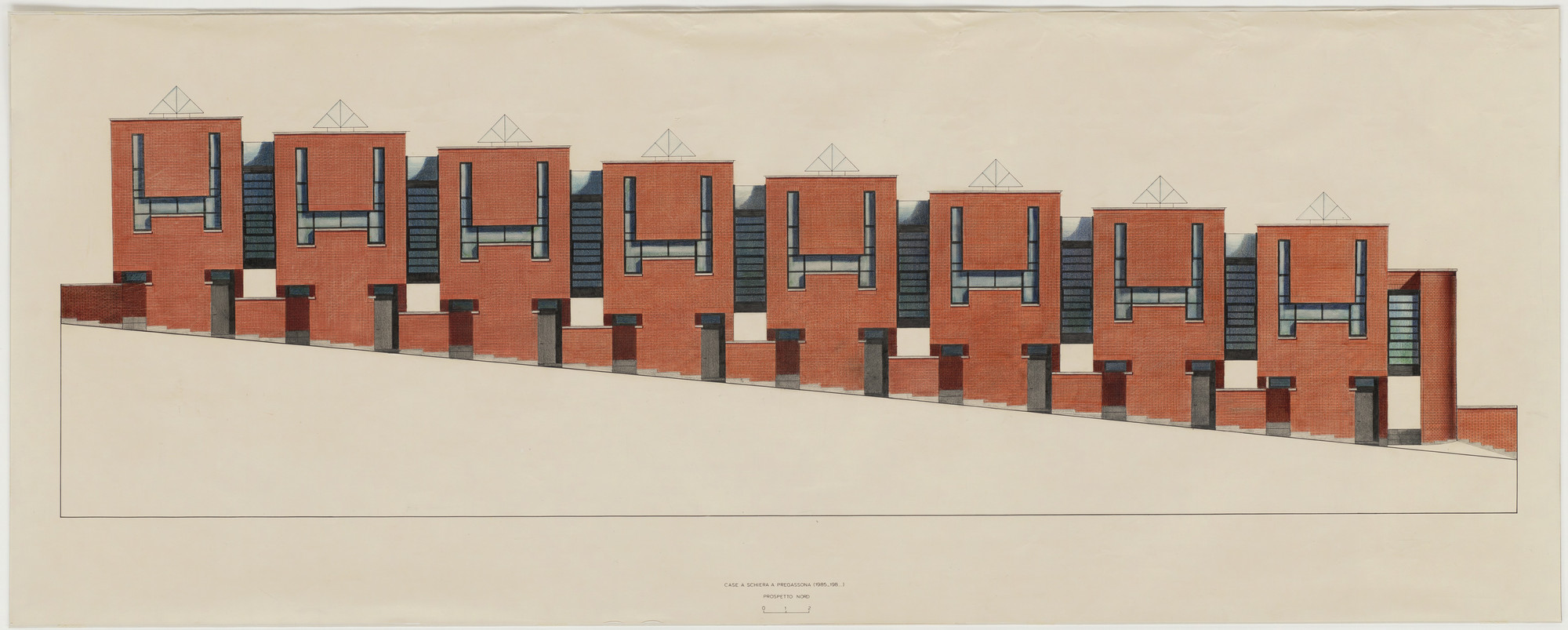 Mario Botta. Row Housing, Pregassona, Switzerland, Elevation. 1985