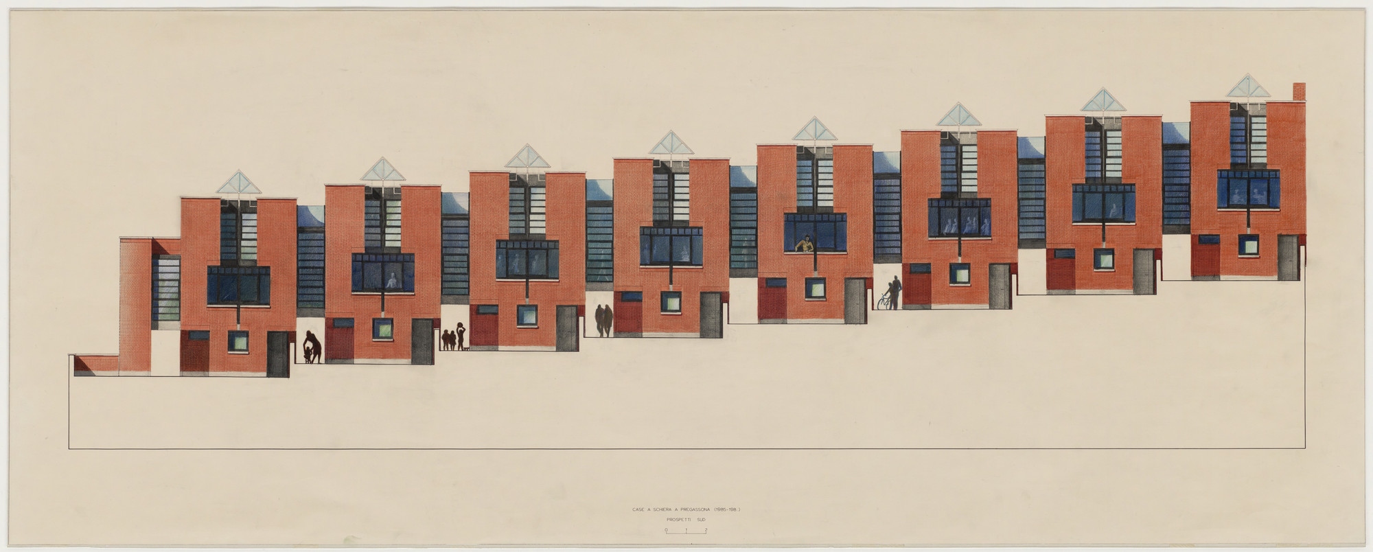 Mario Botta. Row Housing, project, Pregassona, Switzerland, Elevation. 1985
