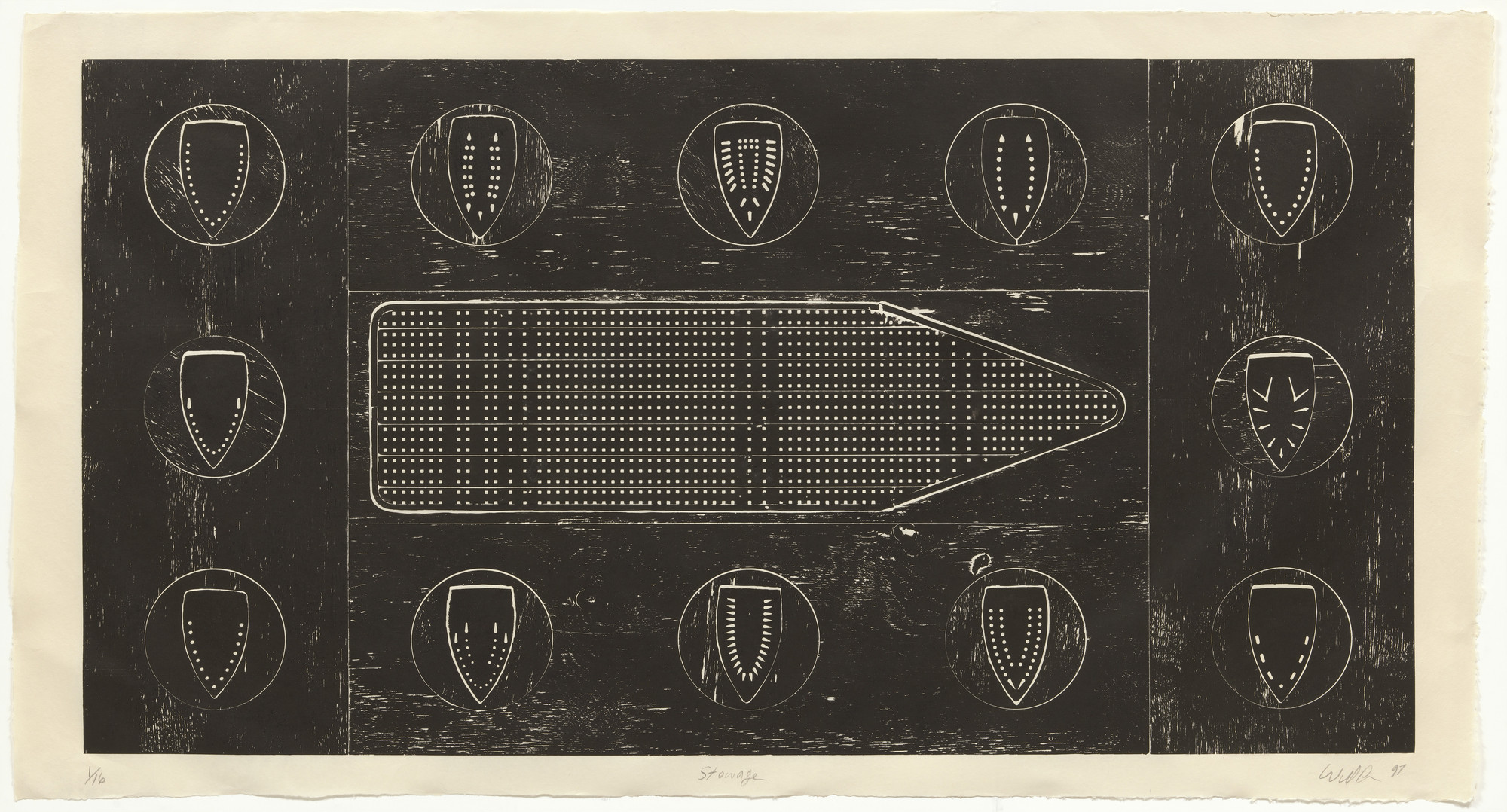 The image features a dark brown rectangular area with a row of circular shapes centered vertically and horizontally. Inside each shape are different white line and dot patterns, with a large elongated rectangle in the middle filled with a grid of small dots. This is an AI generated description. To give feedback, email ai@moma.org.