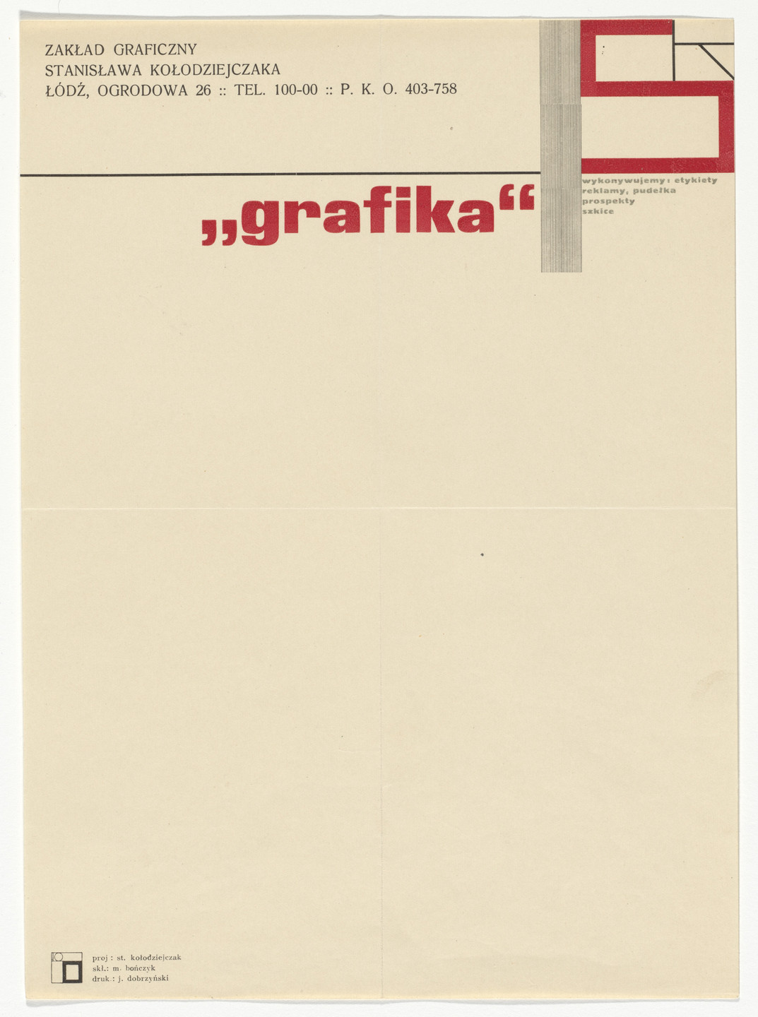 &#34;a.r.&#34; group. Zaklad graficzny Stanisława Kolodziejczaka (Graphics firm of Stanisław Kolodziejczak) letterhead. 1930s
