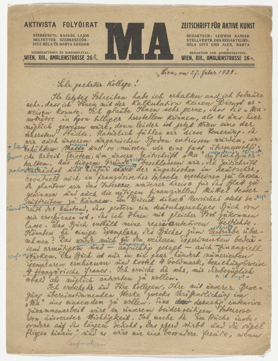 Lajos Kassák. MA Magazine letterhead. 1923