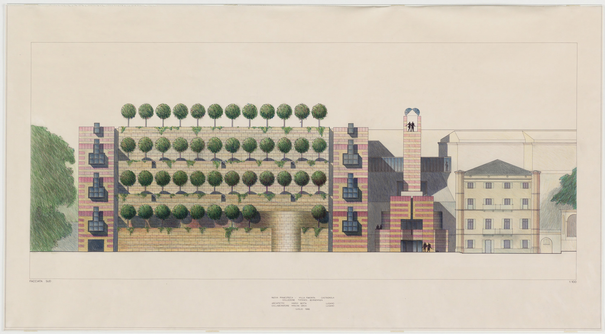 Mario Botta. Thyssen-Bornemisza Gallery, Lugano, Switzerland, Elevation. 1986