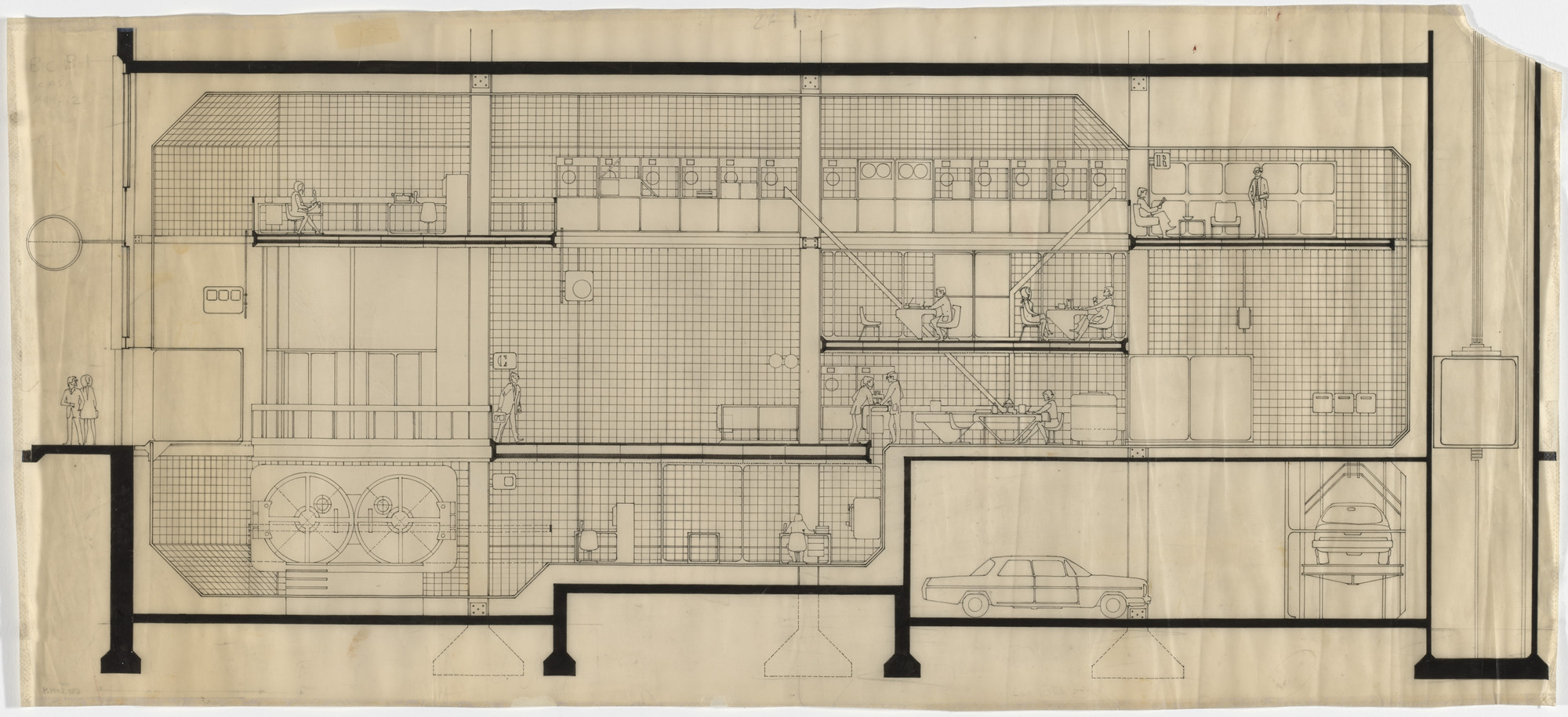 Flora Manteola, Ignacio Petchersky, Javier Sánchez Gómez, Josefa Santos, Justo Solsona, Rafael Viñoly. Headquarters for the Banco de la Ciudad de Buenos Aires (Longitudinal section). 1969